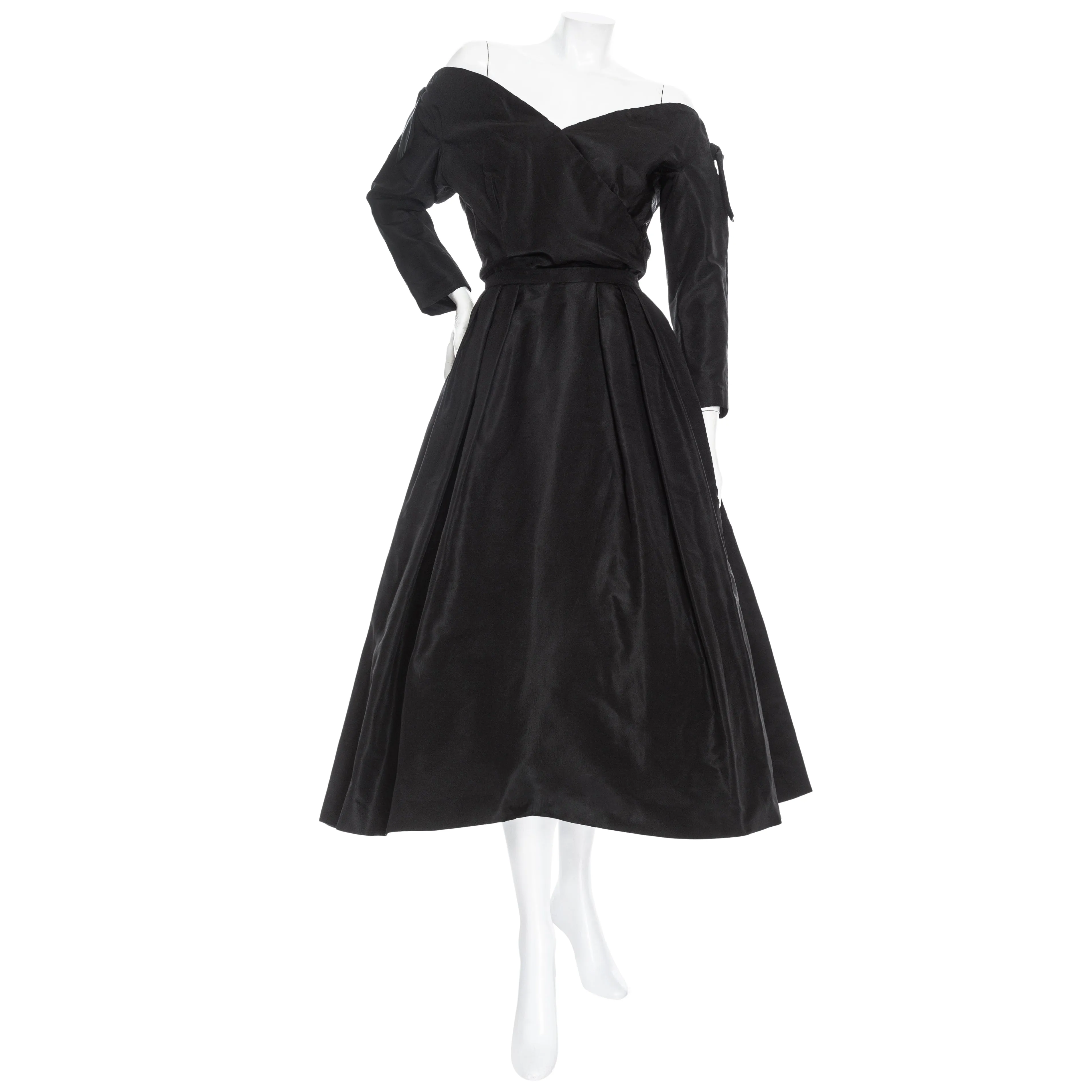 1950s Black Silk Two-Piece Top and Skirt Dress Set