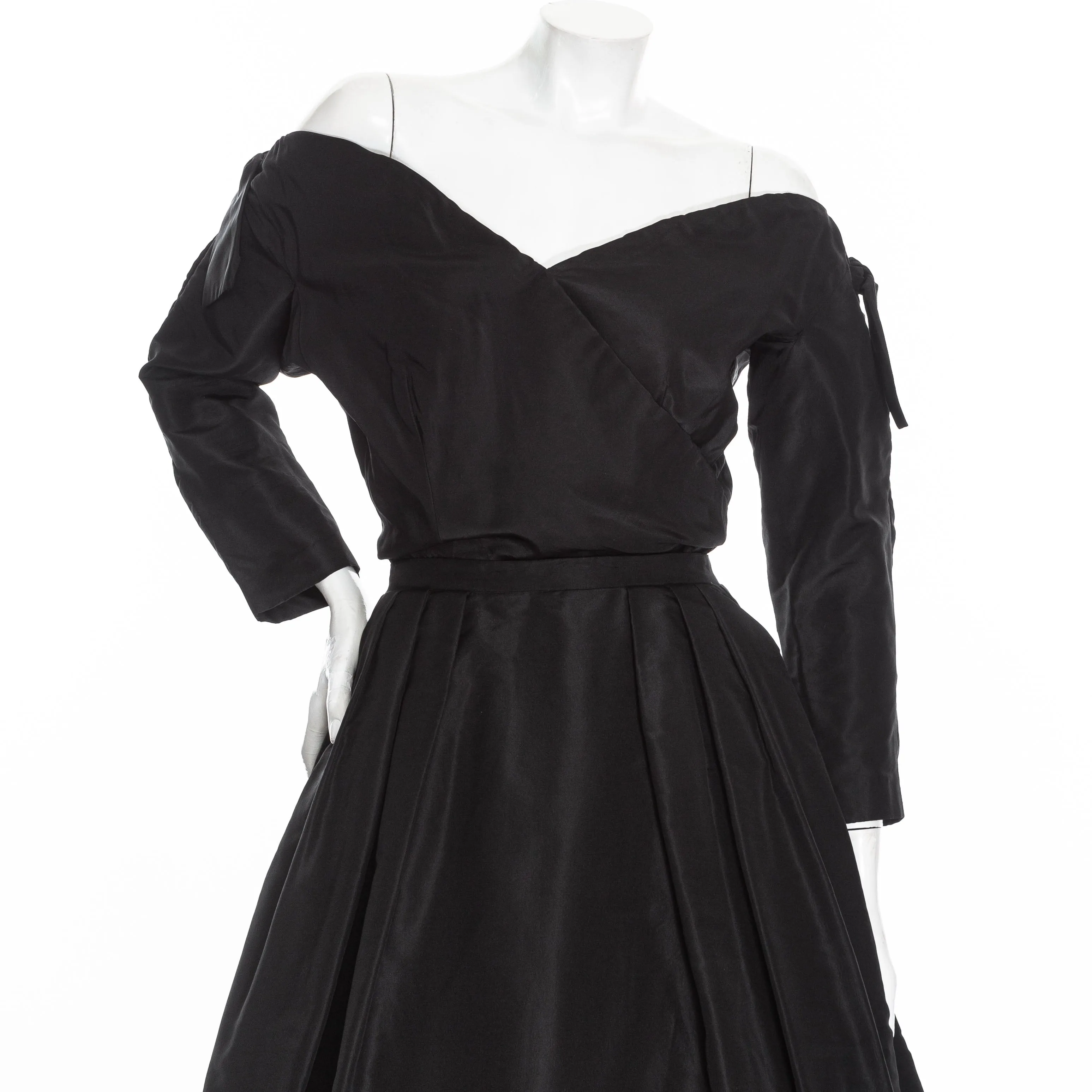 1950s Black Silk Two-Piece Top and Skirt Dress Set