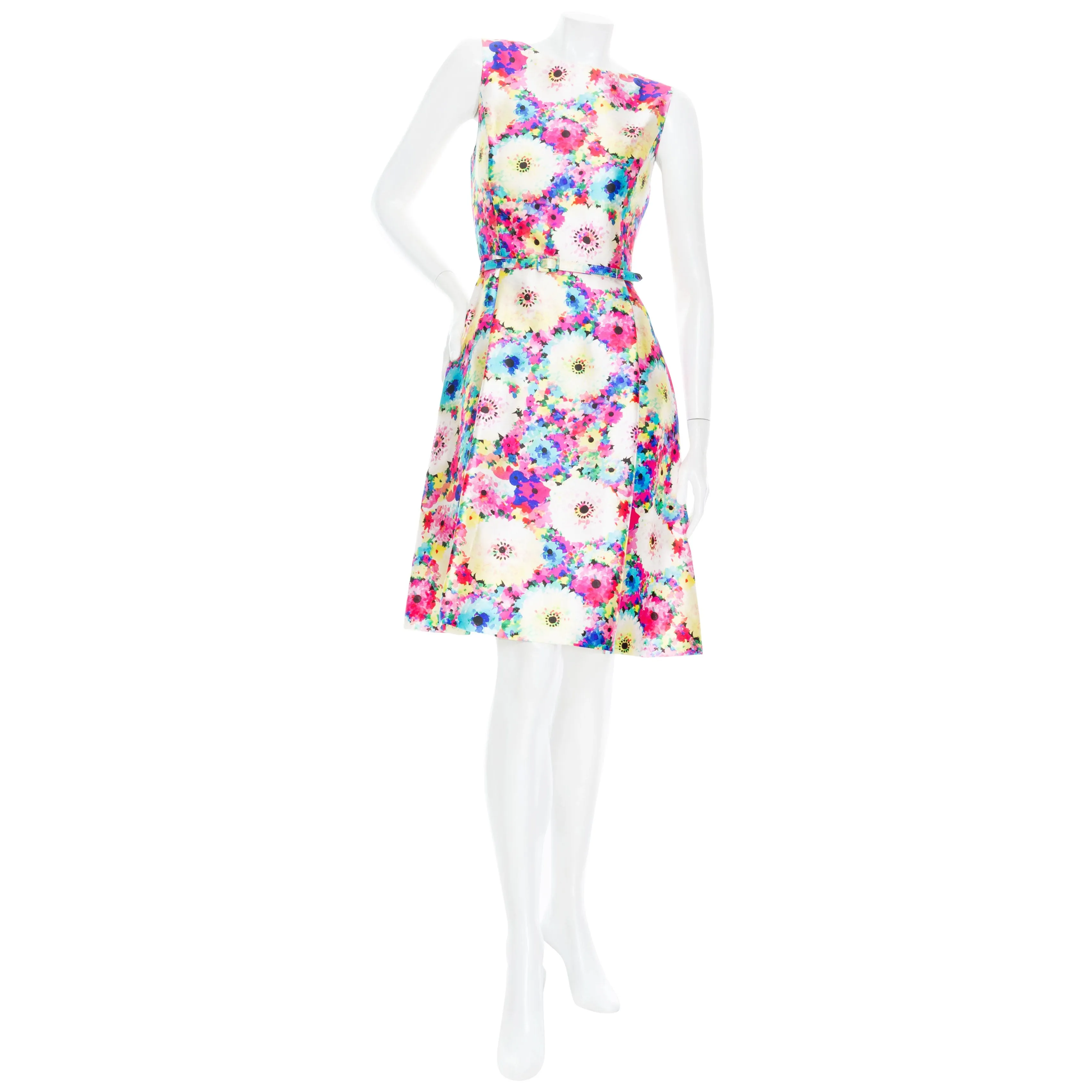 2016 Multicolored Silk–Cotton Floral Print A-Line Dress