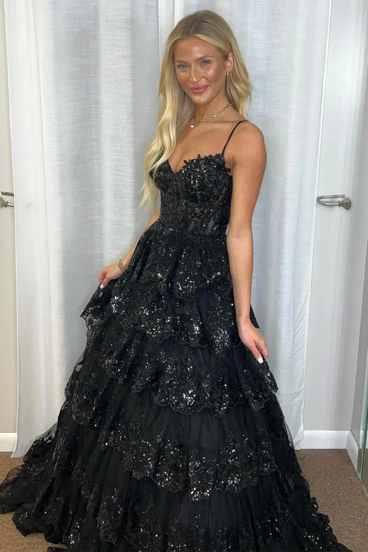 A Line V Neck Layered Pink/Black Lace Long Prom Dress, Pink/Black Lace Formal Graduation Evening Dress A2134