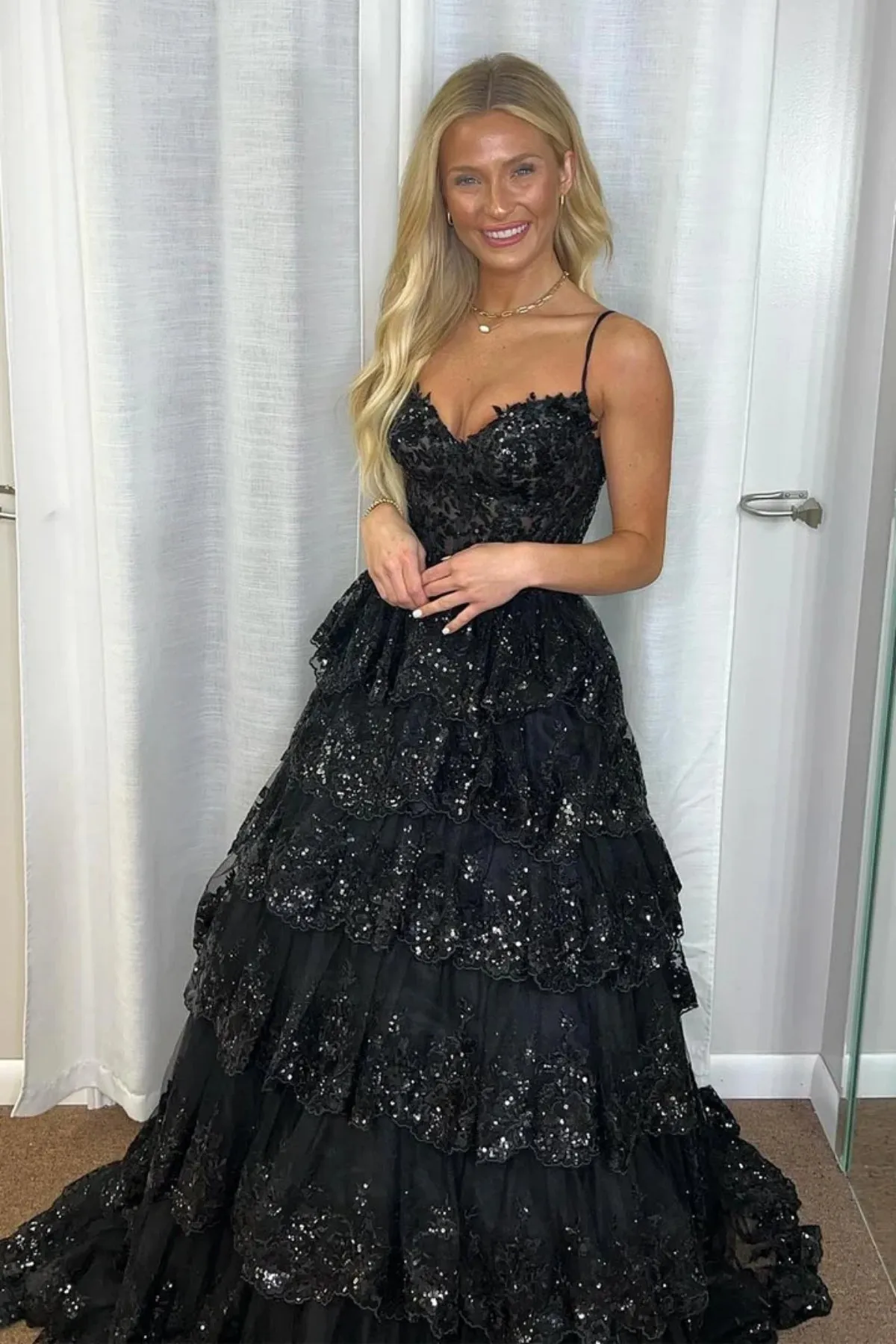 A Line V Neck Layered Pink/Black Lace Long Prom Dress, Pink/Black Lace Formal Graduation Evening Dress A2134