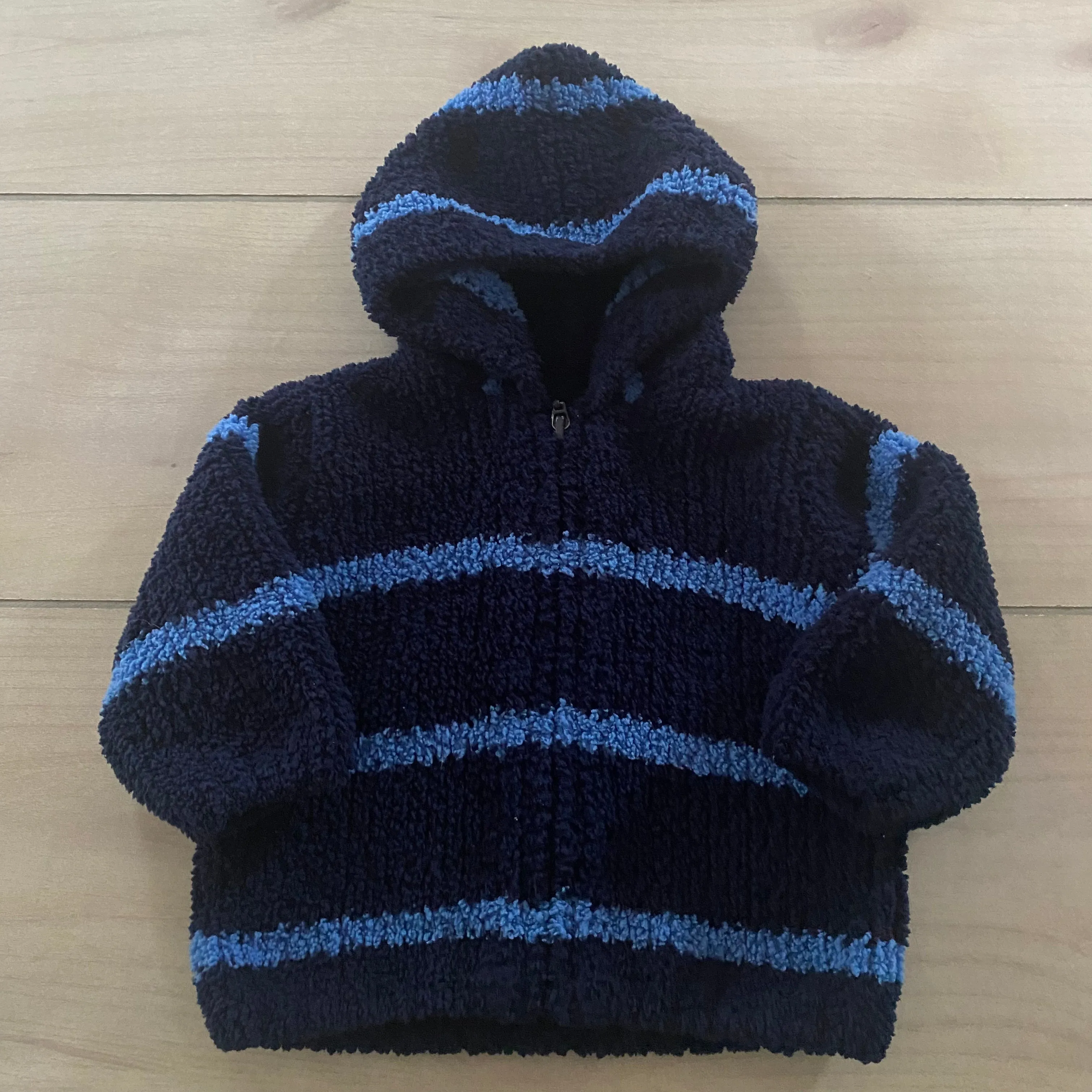 Angel Dear Blue Striped Fuzzy Zipper Hooded Jacket