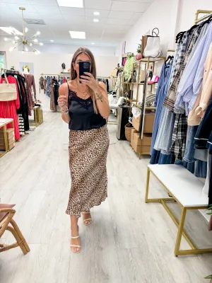 Animal Print Satin Midi Skirt