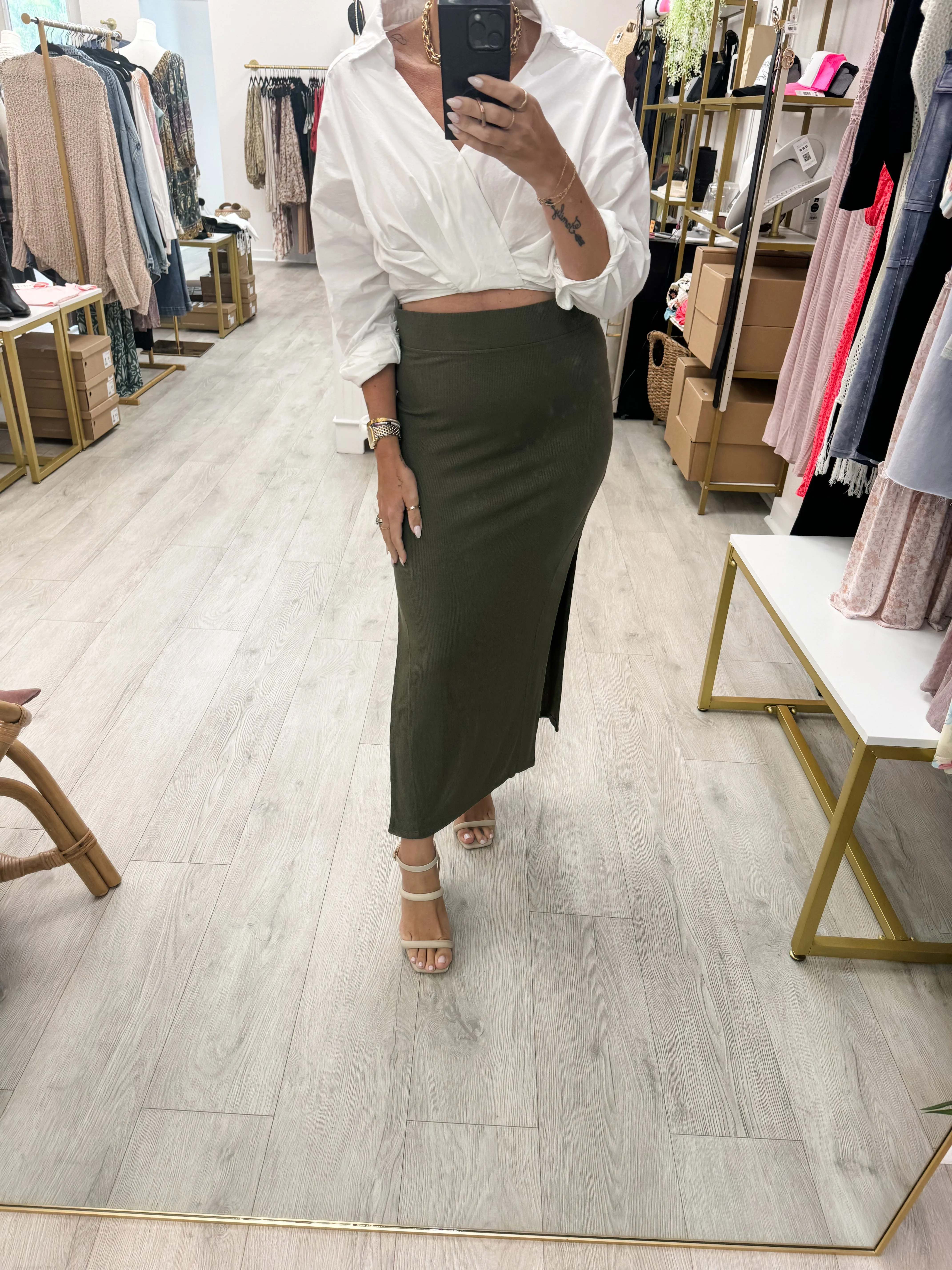 Army Green Ribbed Pencil Skirt