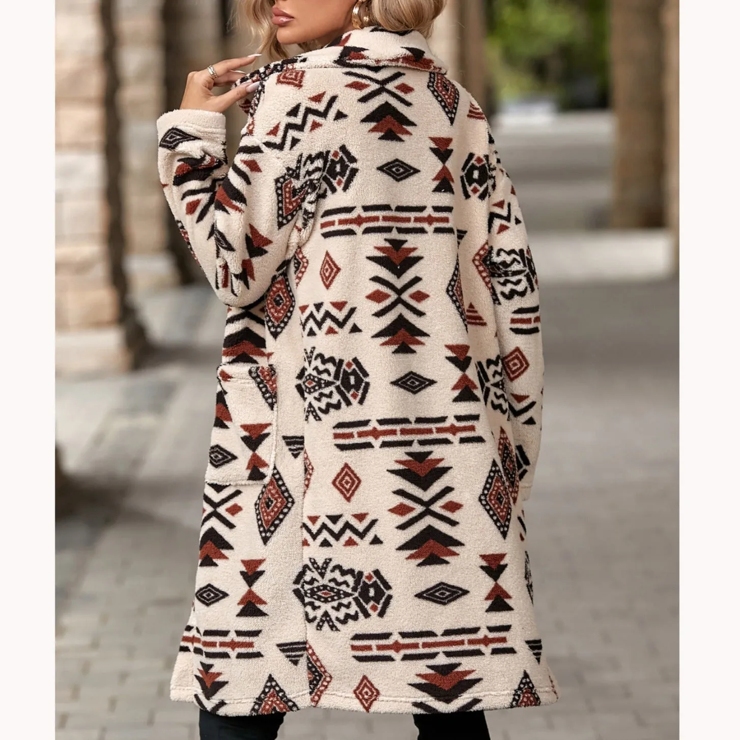 Autumn Winter Women Clothing Single Breasted Ethnic Print Plush Long Overcoat Outerwear