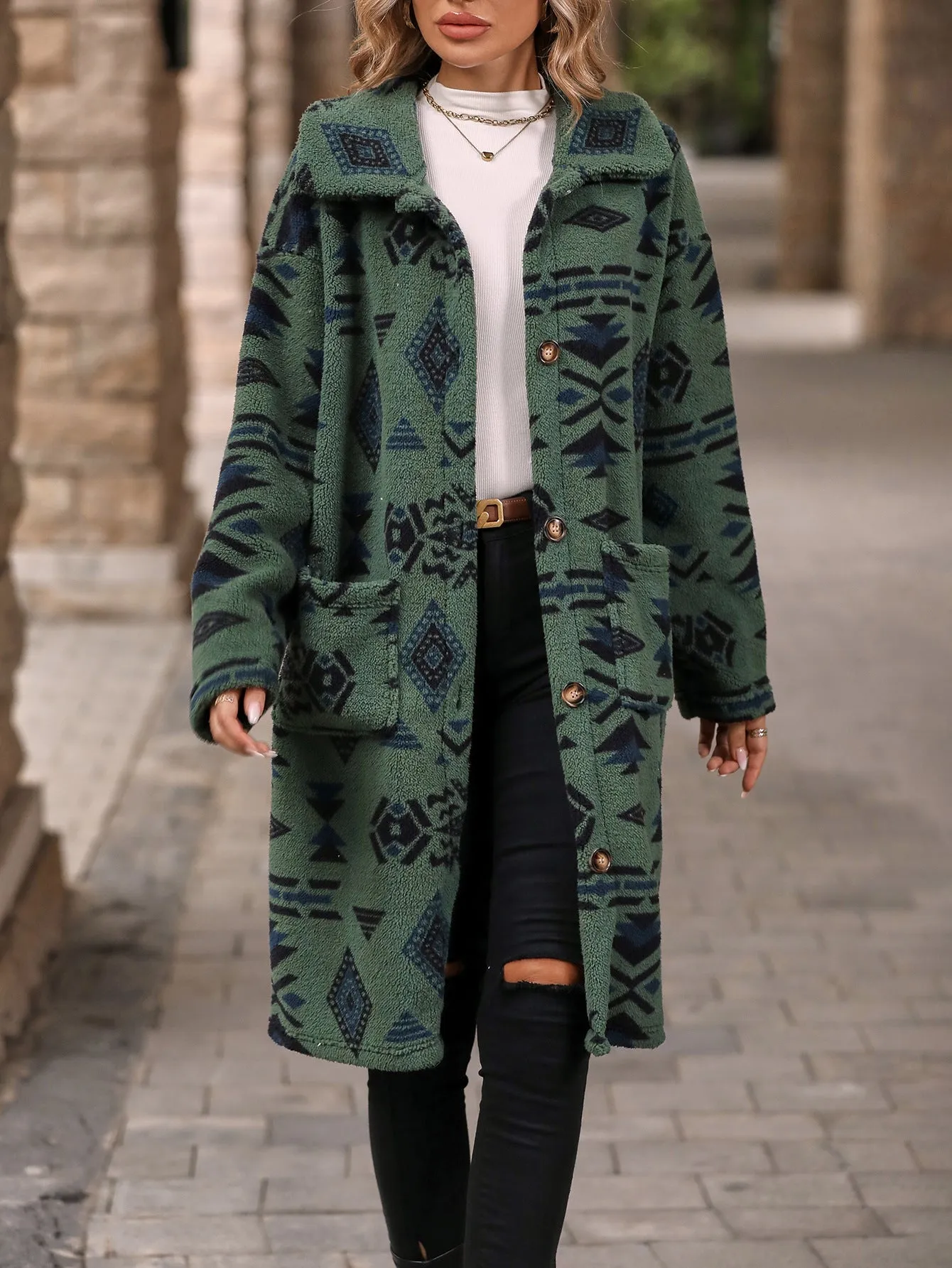 Autumn Winter Women Clothing Single Breasted Ethnic Print Plush Long Overcoat Outerwear