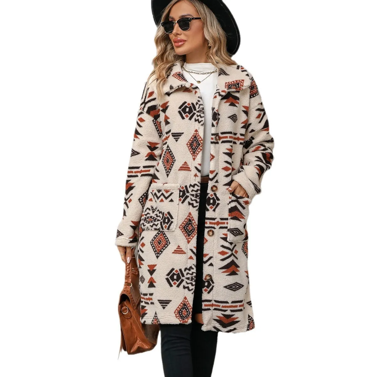 Autumn Winter Women Clothing Single Breasted Ethnic Print Plush Long Overcoat Outerwear