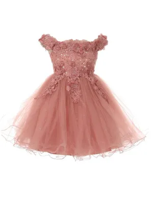 Baby Girls Dusty Rose 3D Floral Sequin Tulle OffShoulder Flower Girl Dress, Sizes 6-24M