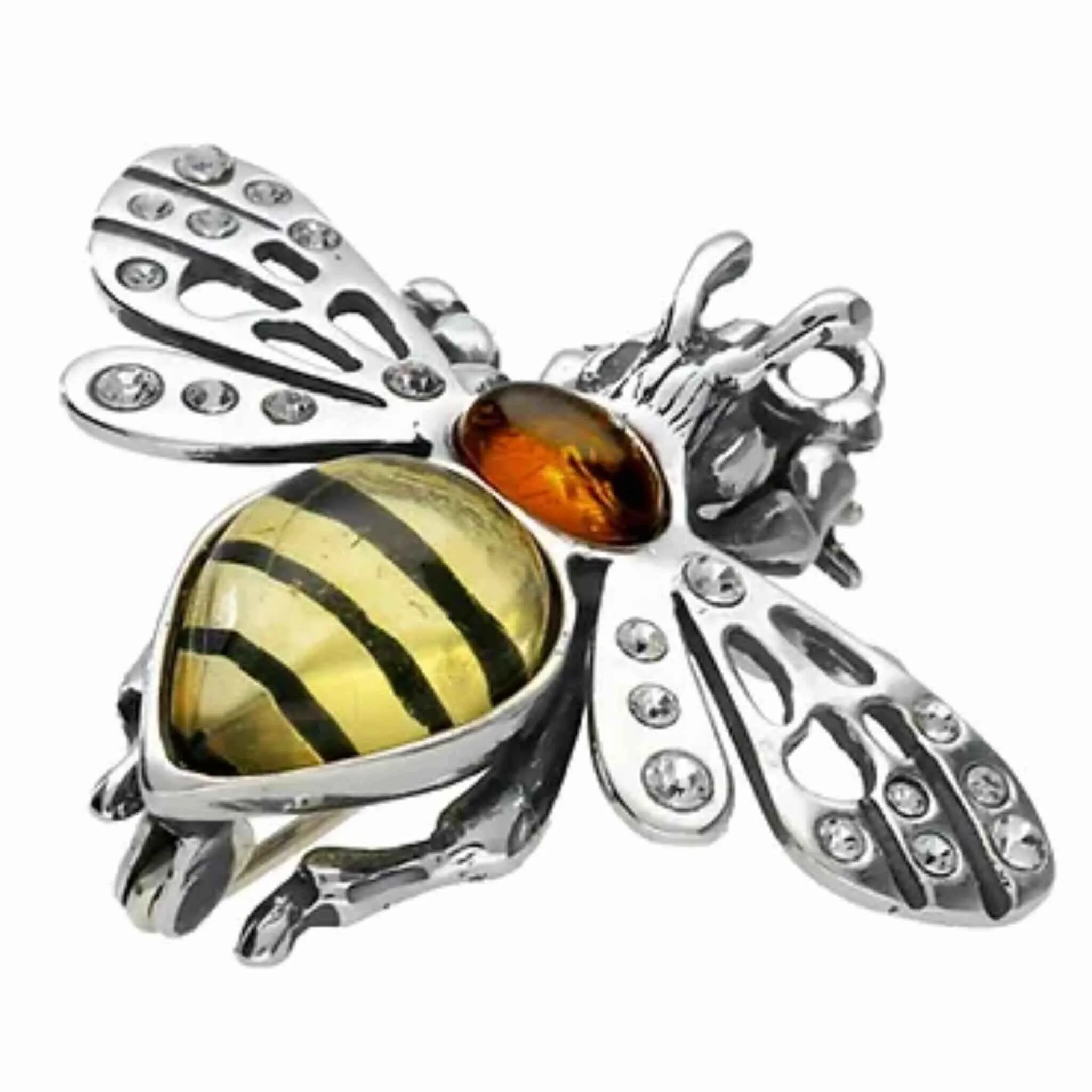 Baltic Amber & Zirconia Sterling Silver Bee Brooch