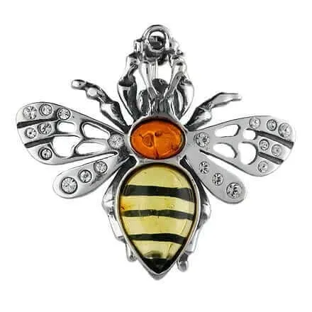 Baltic Amber & Zirconia Sterling Silver Bee Brooch