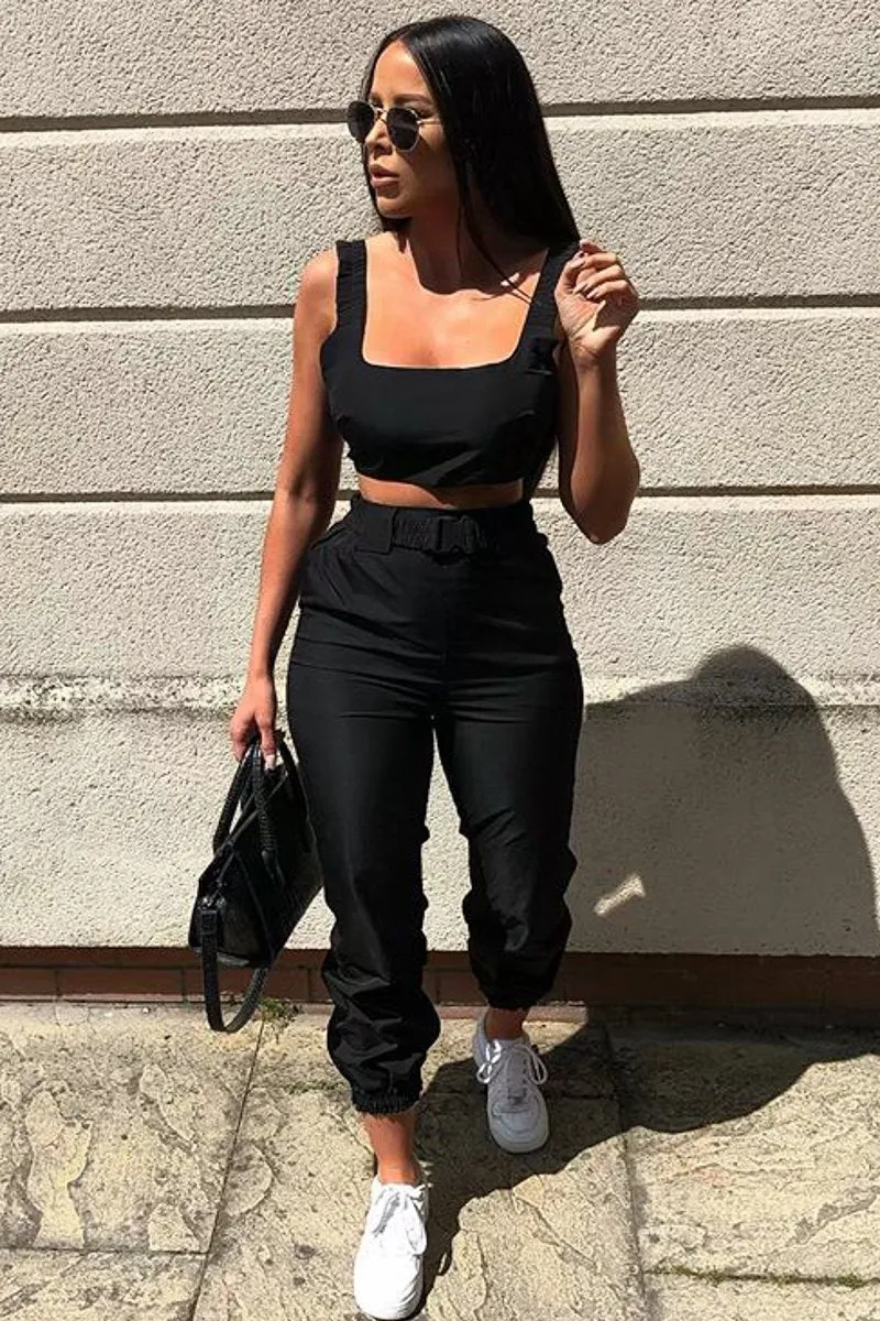 Black Buckle Cargo Pant Crop Top Co-Ord - Kahri