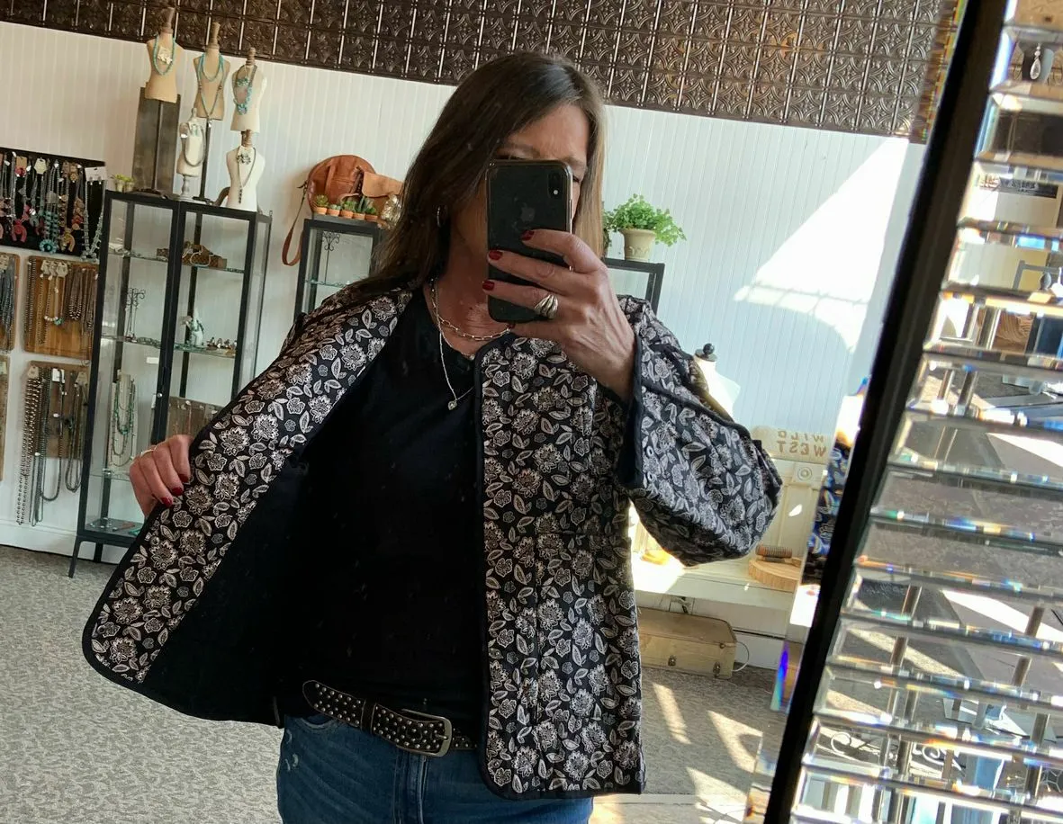 Black Quilted Printed Cotton Jacket