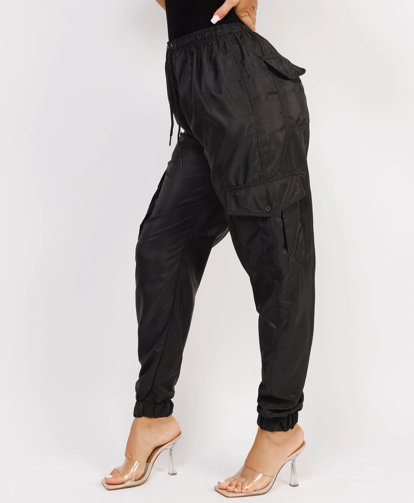 Black Shell Cuffed Pocketed Cargo Trousers