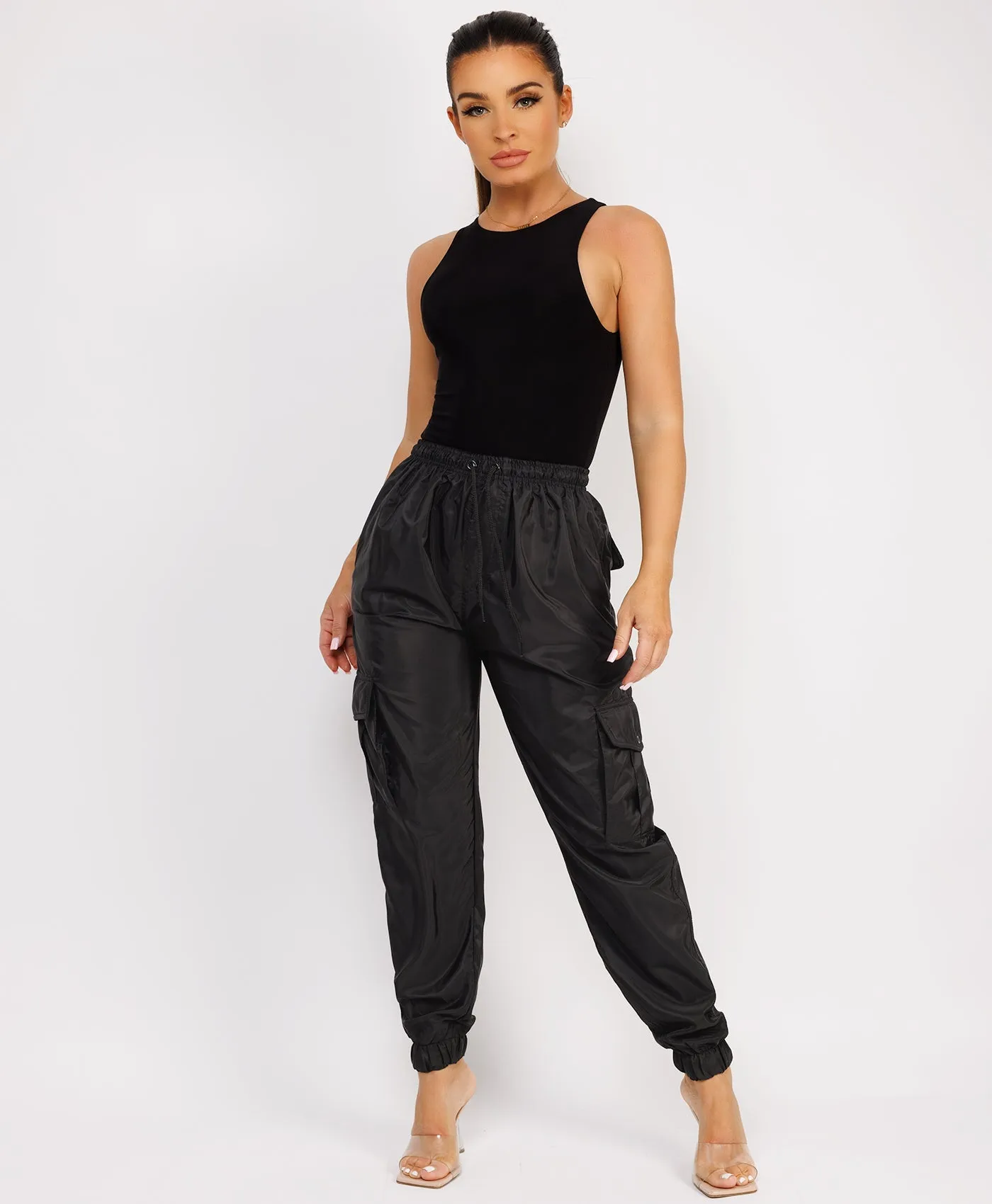 Black Shell Cuffed Pocketed Cargo Trousers