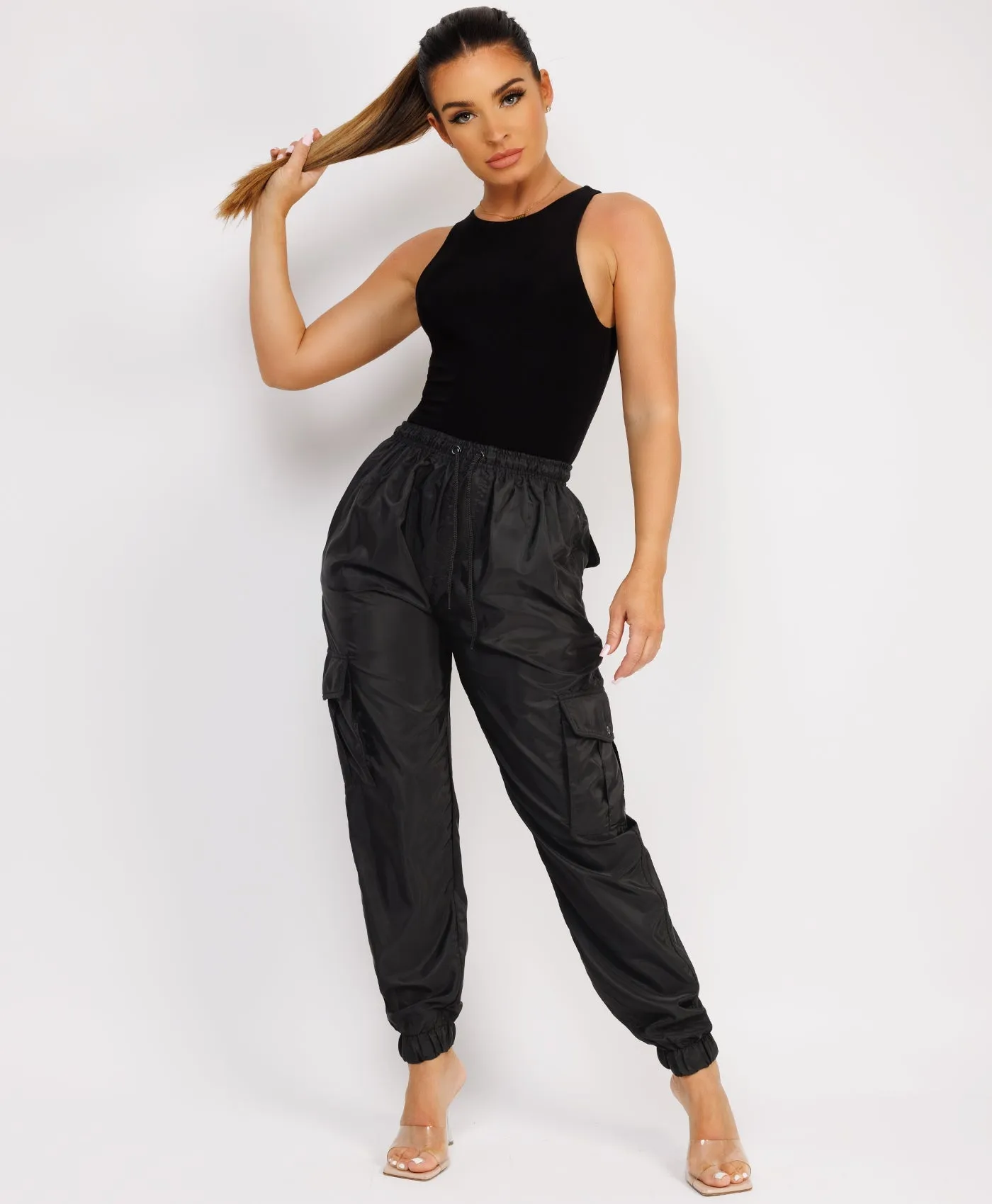 Black Shell Cuffed Pocketed Cargo Trousers