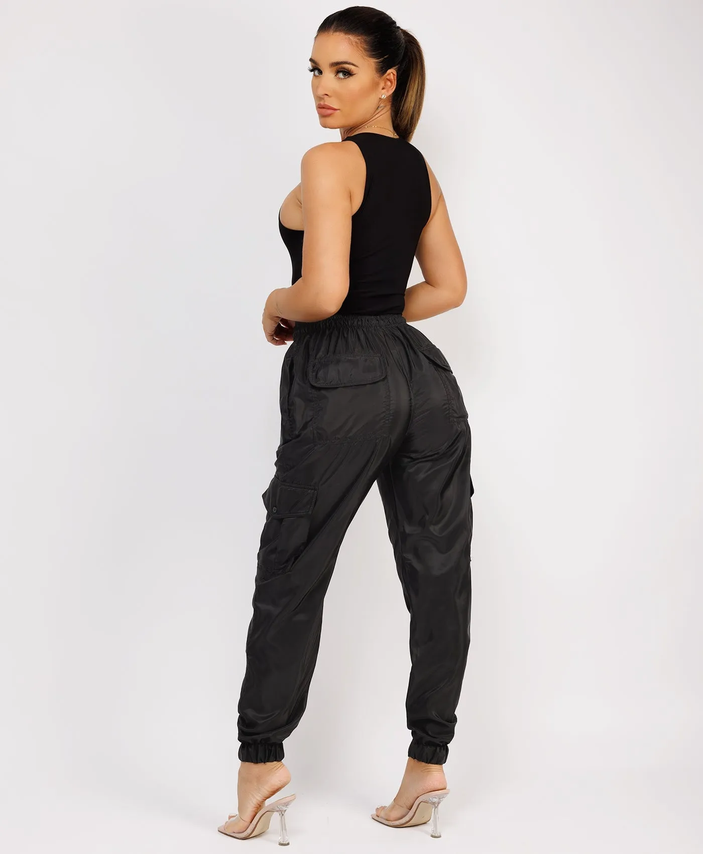 Black Shell Cuffed Pocketed Cargo Trousers