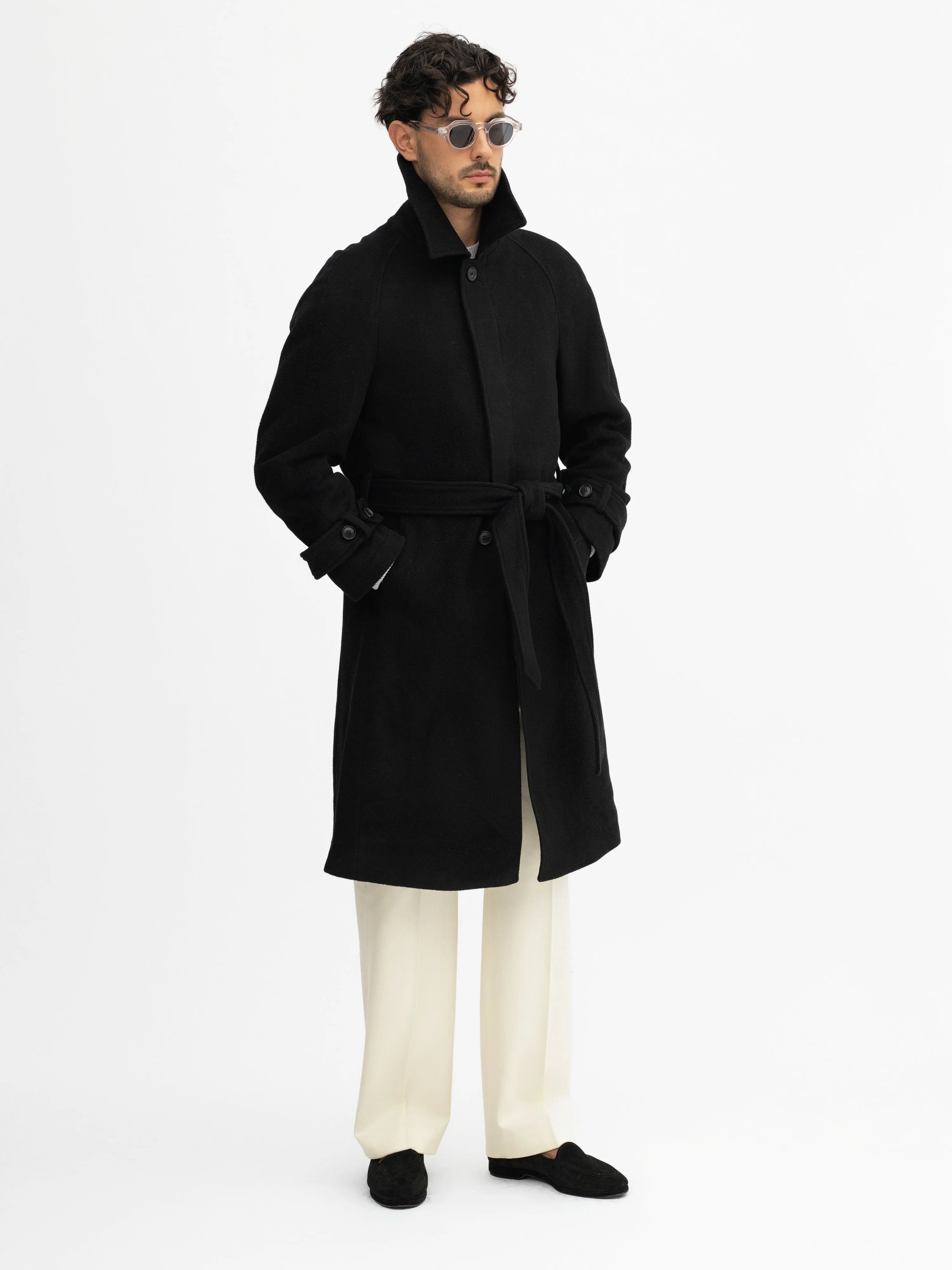 Black Virgin Wool Raglan Coat