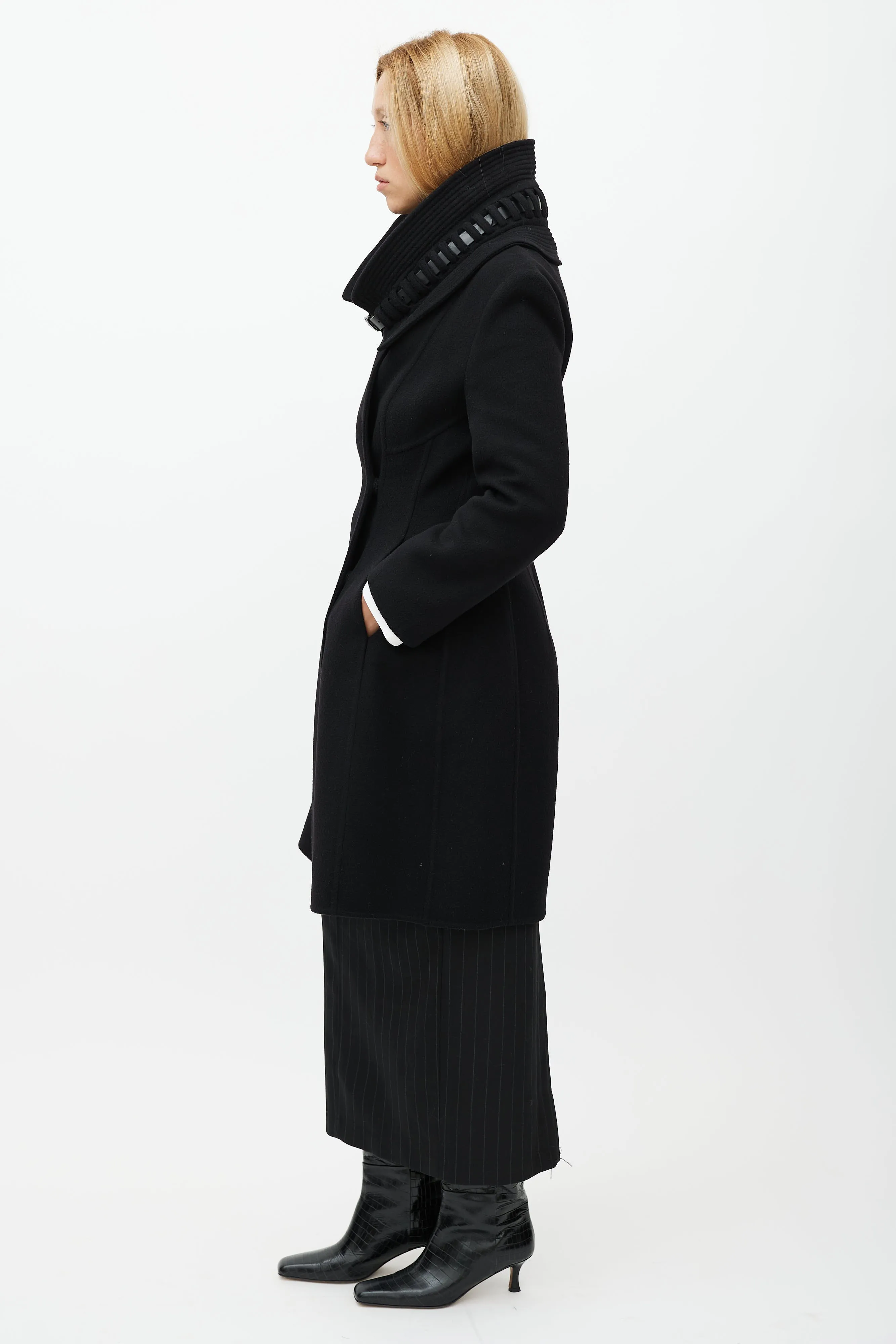 Black Wool Detachable Collar Coat