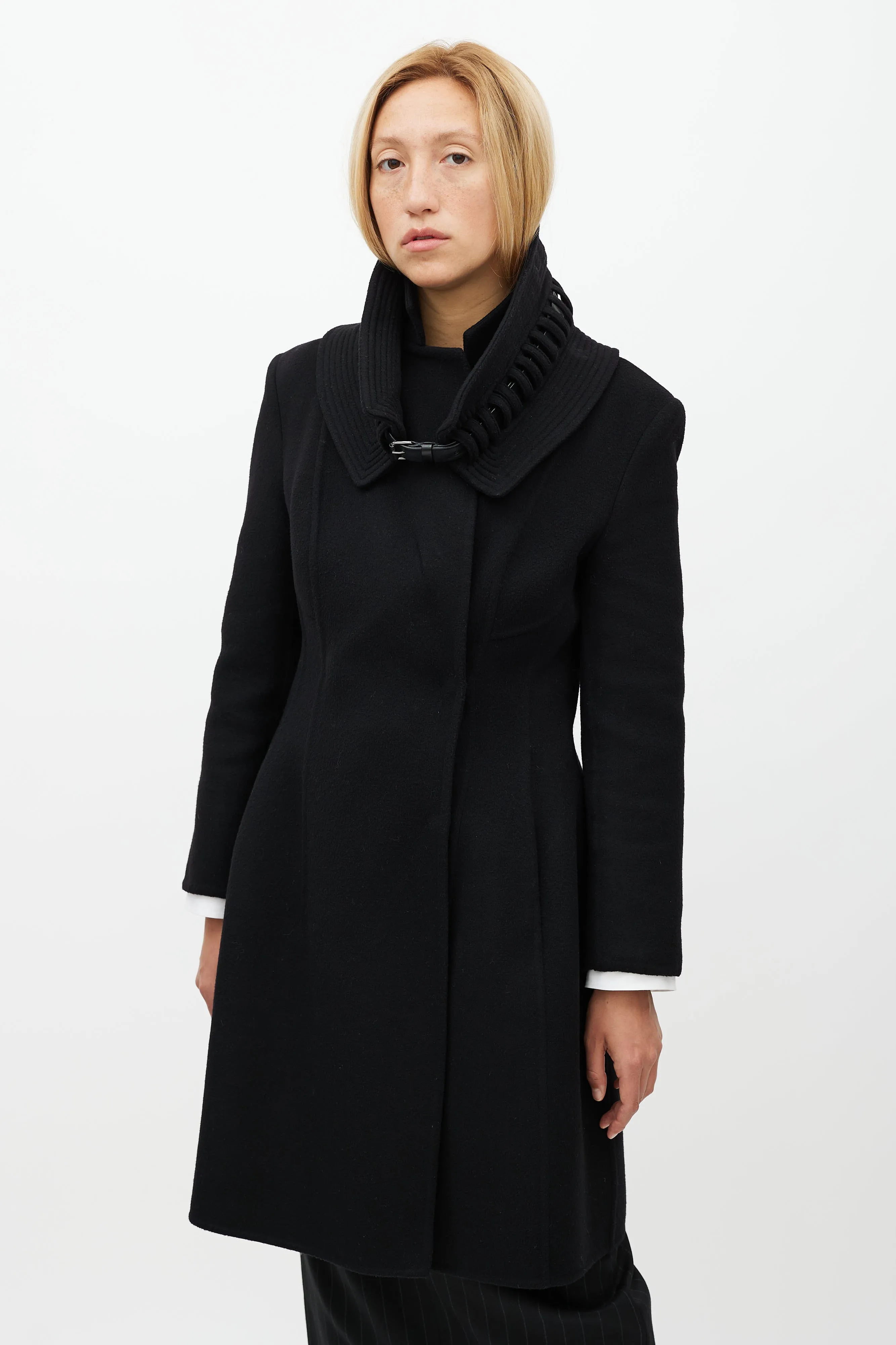 Black Wool Detachable Collar Coat