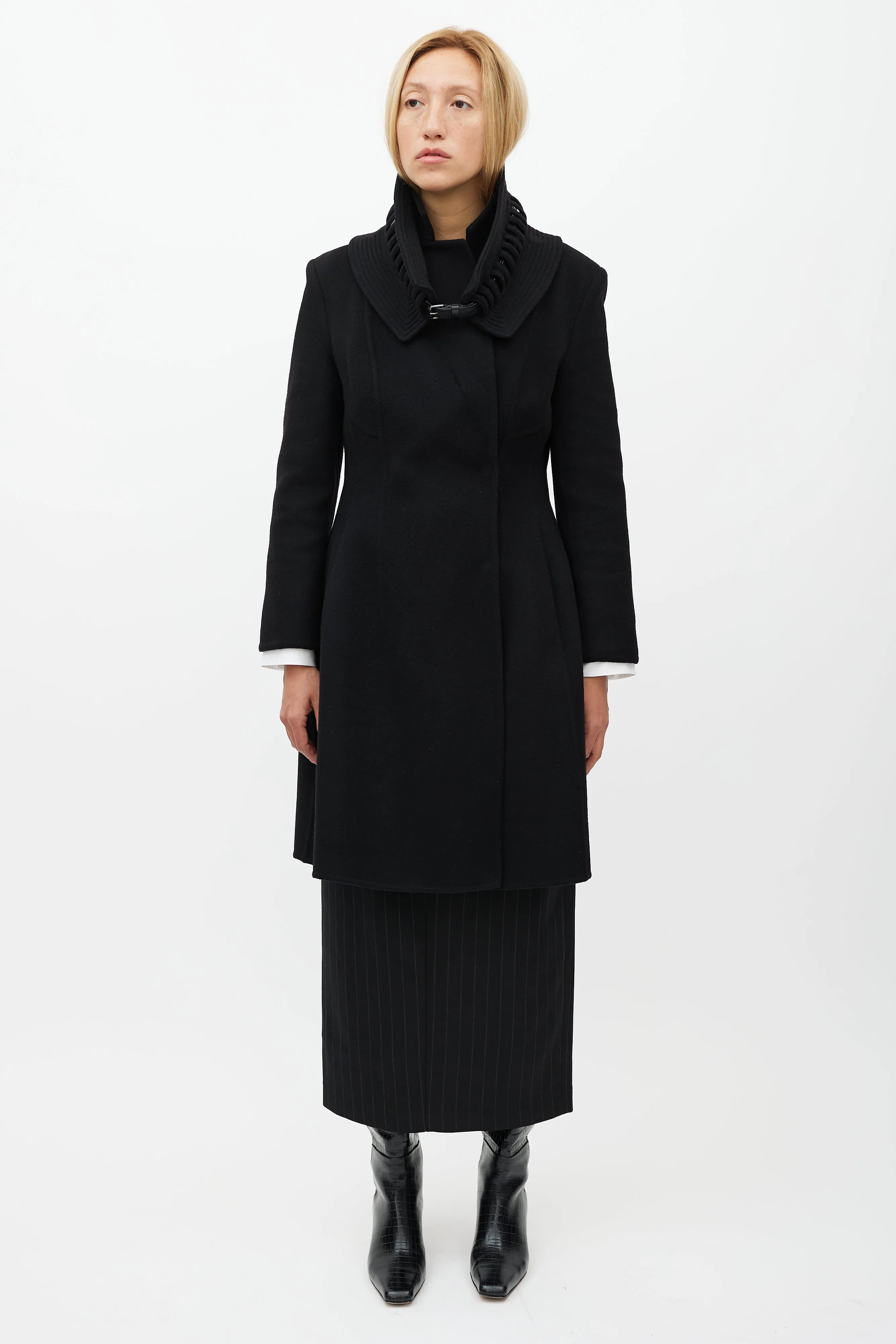 Black Wool Detachable Collar Coat