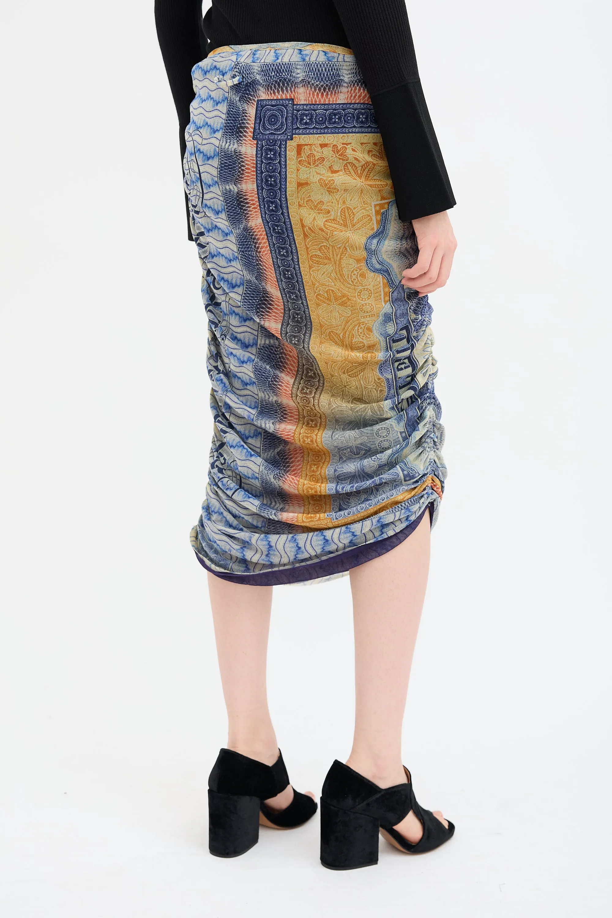 Blue & Orange Scarf Print Midi Skirt