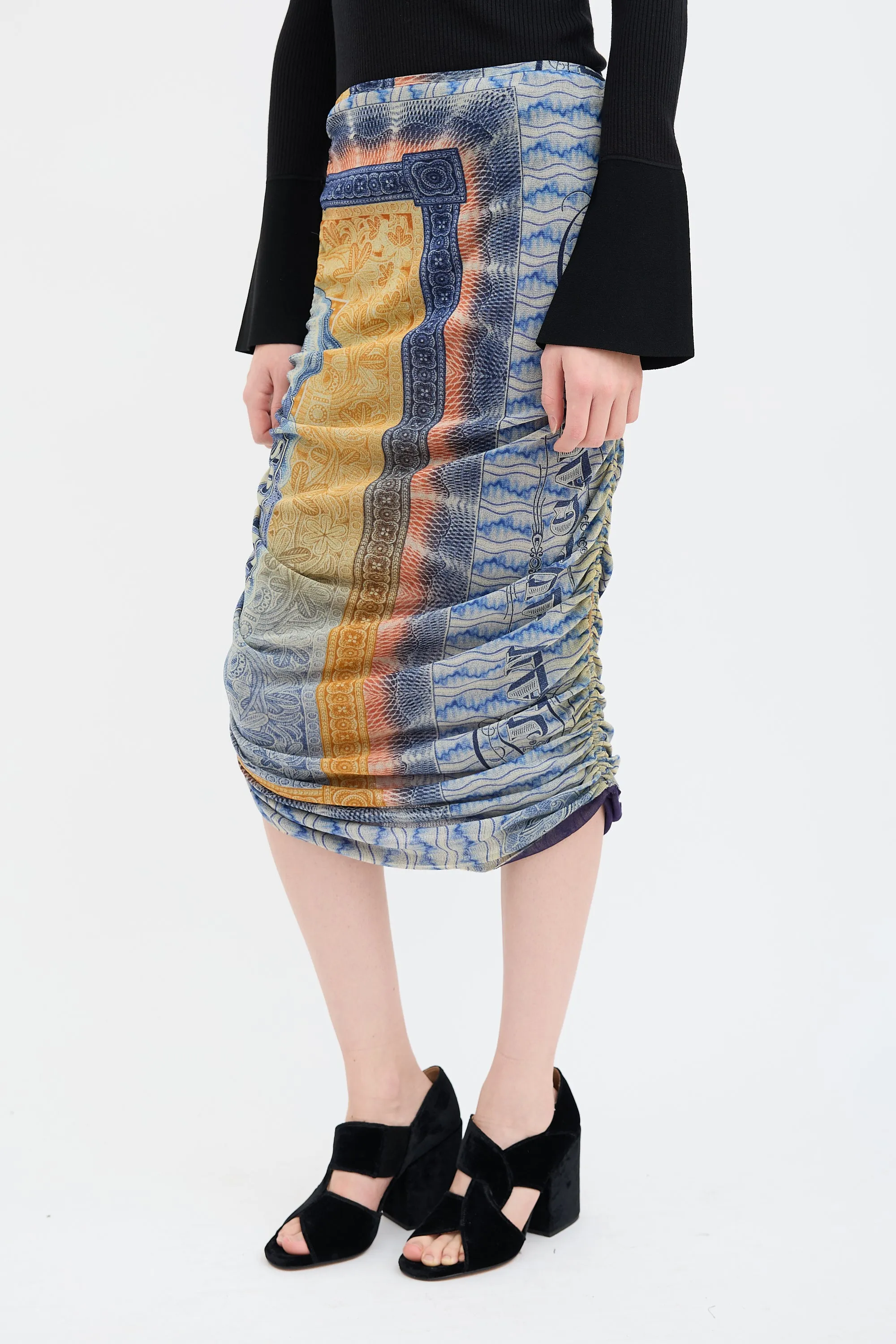 Blue & Orange Scarf Print Midi Skirt