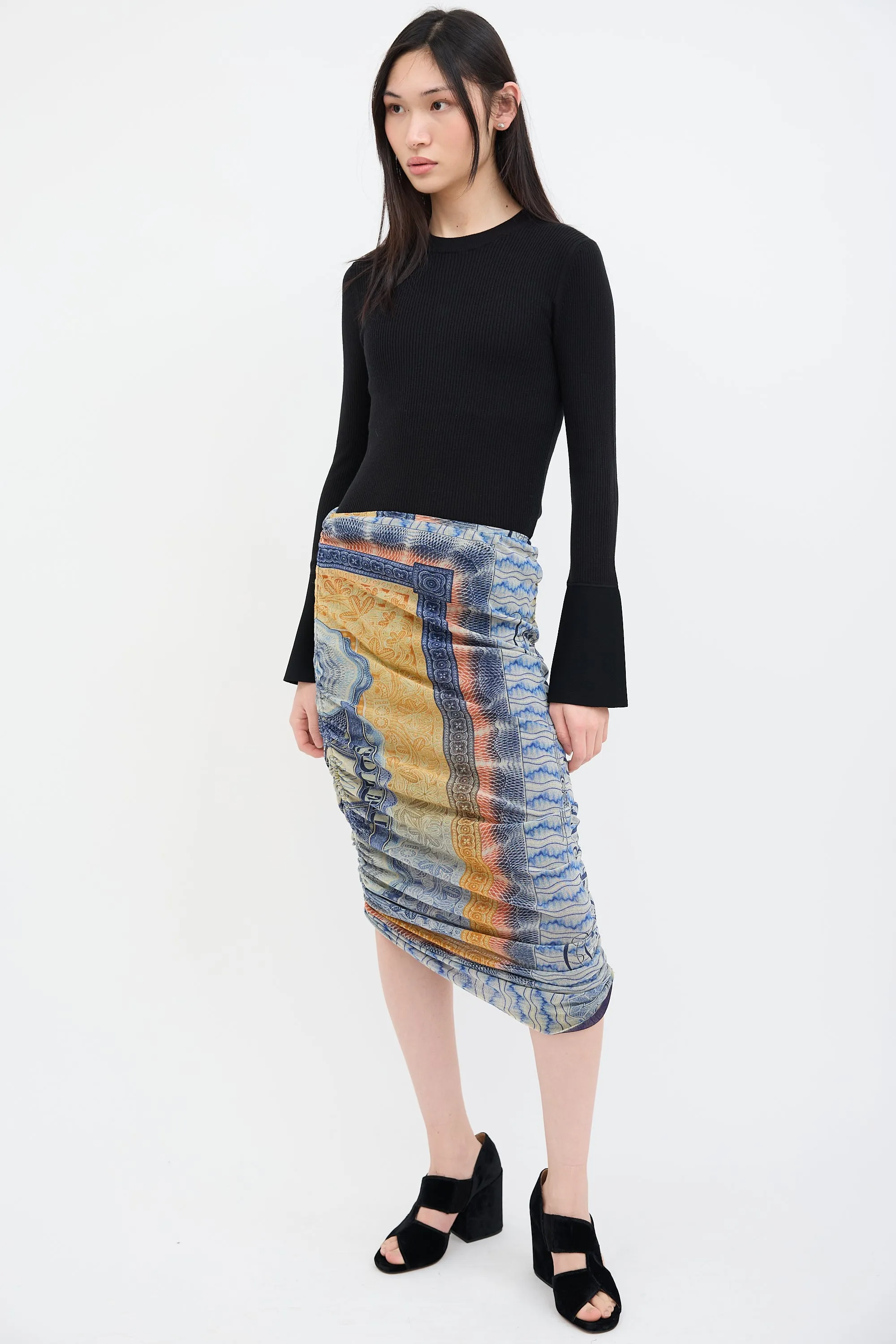 Blue & Orange Scarf Print Midi Skirt