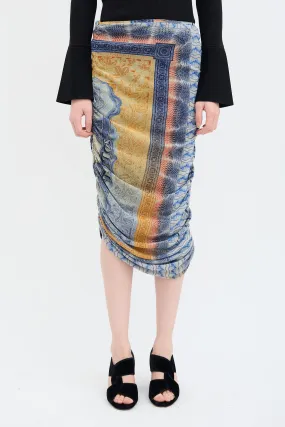 Blue & Orange Scarf Print Midi Skirt