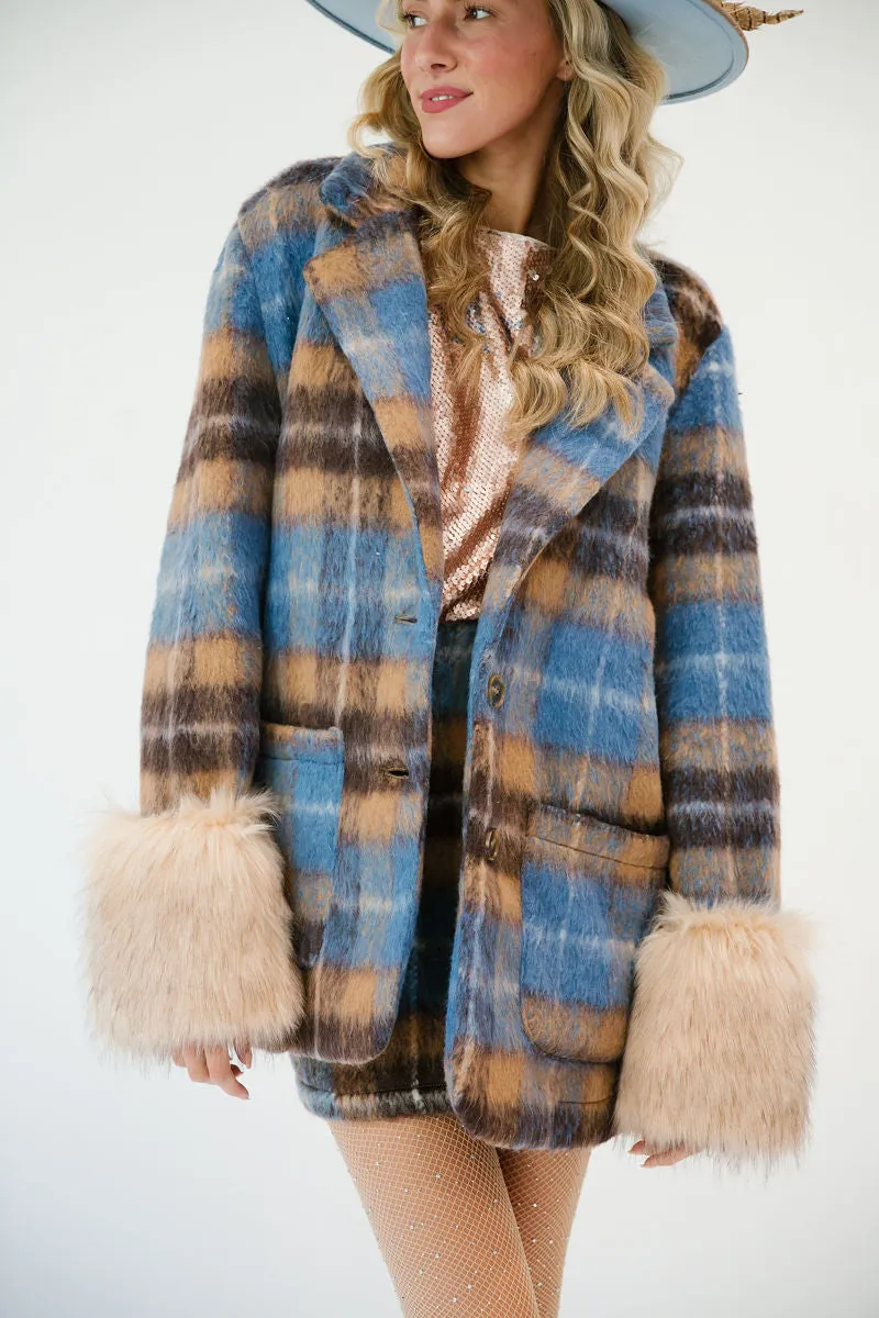 BLUE PLAID COAT WITH FUR