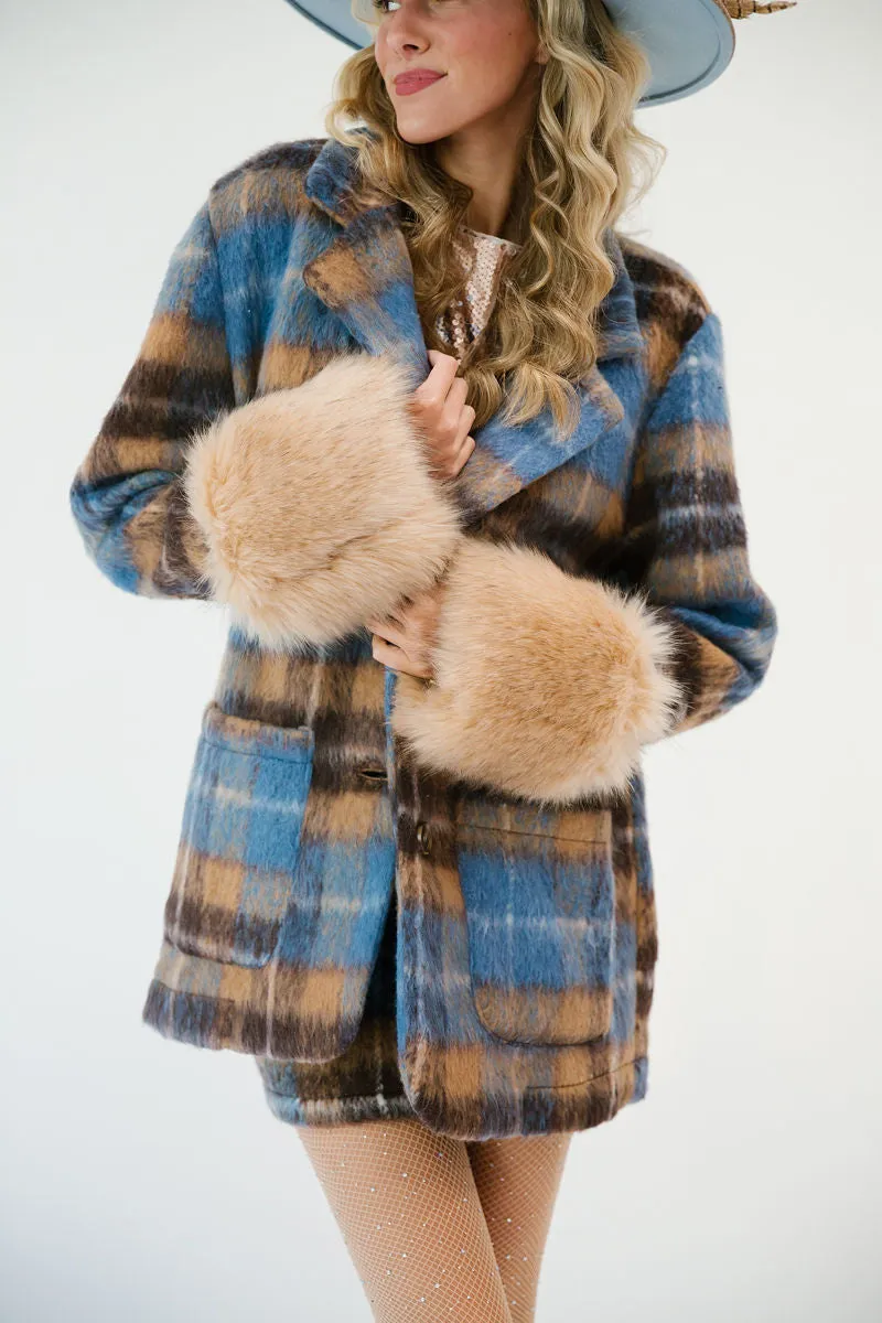 BLUE PLAID COAT WITH FUR