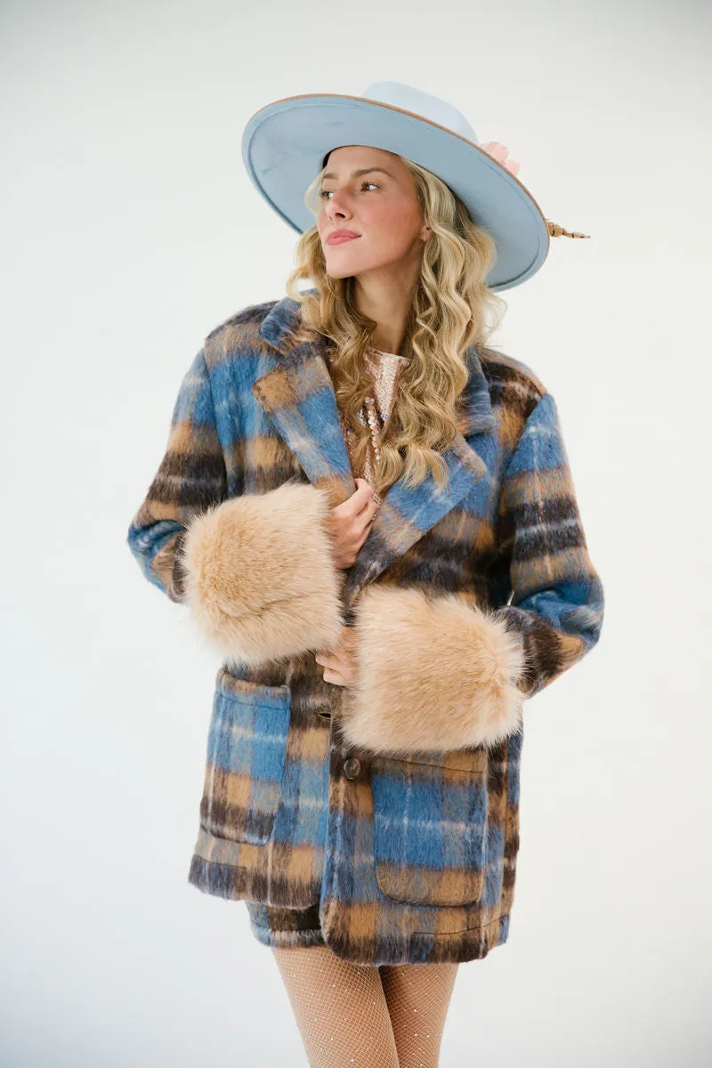 BLUE PLAID COAT WITH FUR