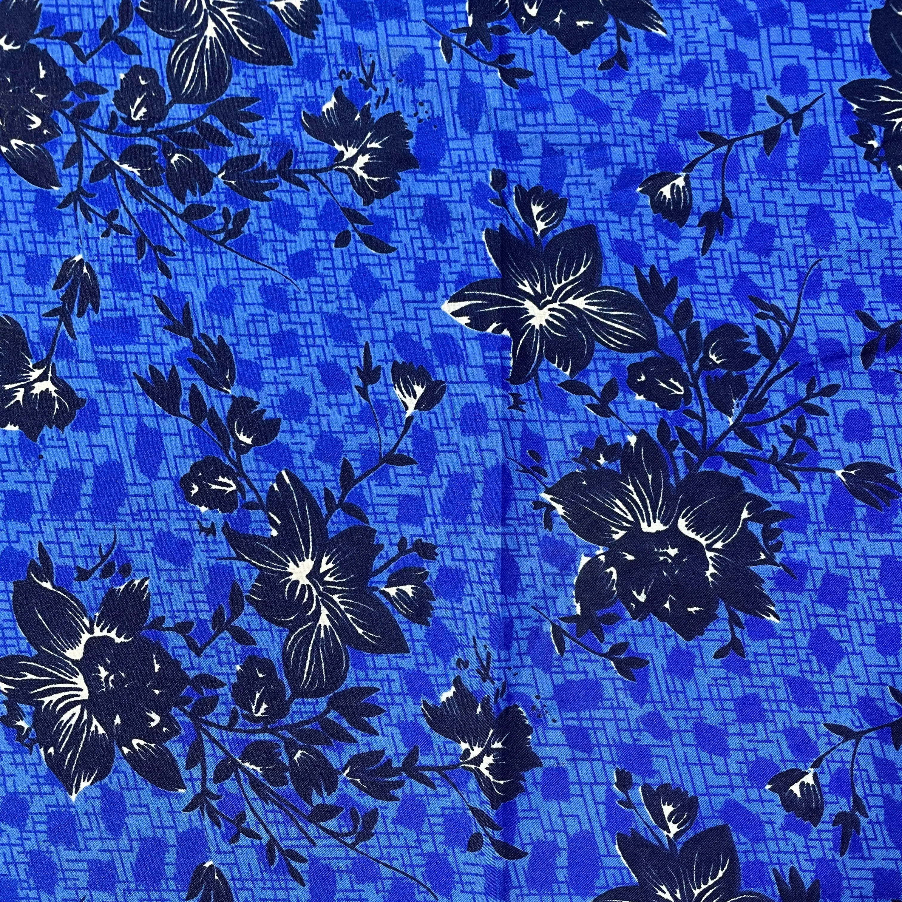 Blue With Navy Blue Floral Crepe Fabric ,42 inches