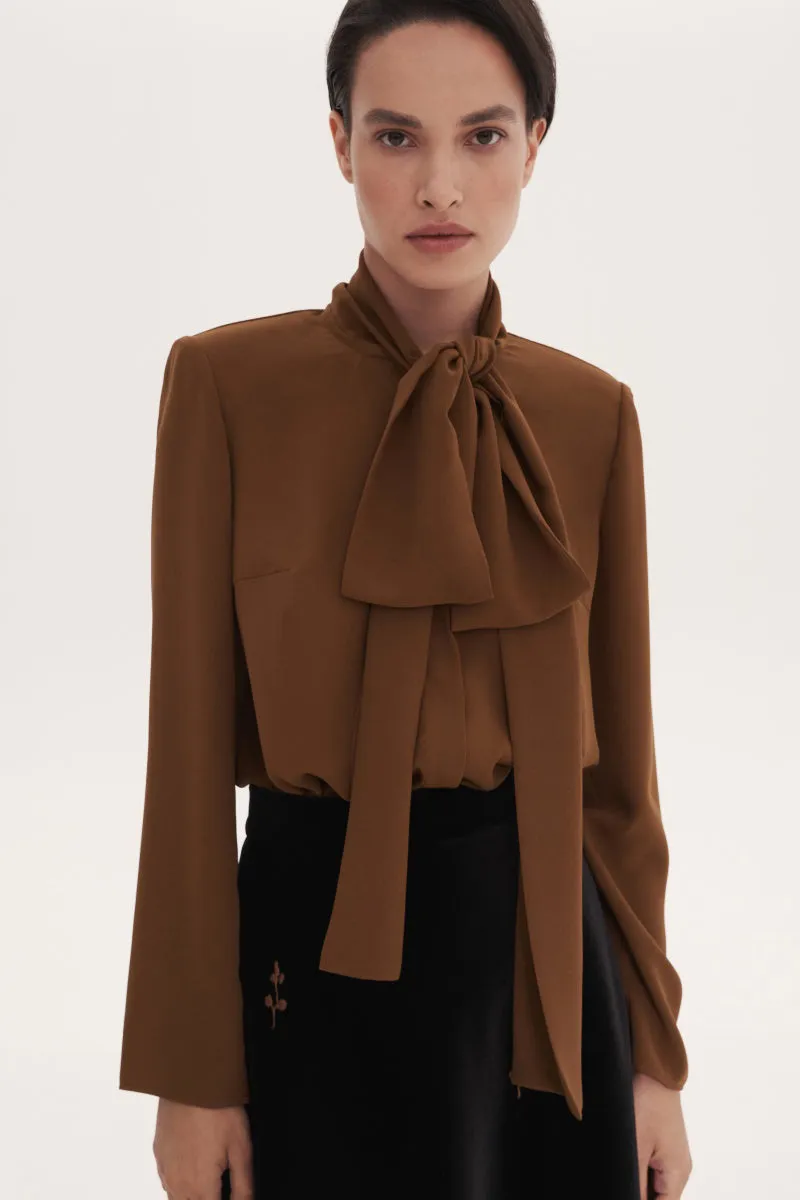 BROWN BLOUSE WITH SCARF ACCESSORY