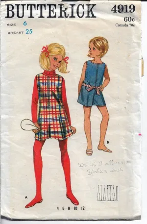 Butterick 4919  Girls Pantdress Jumper Dress Pantjumper Vintage 1960's Sewing Pattern