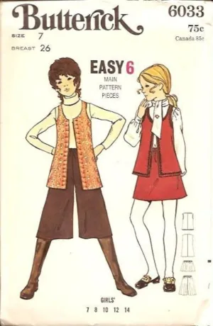 Butterick 6033 Vintage 70's Sewing Pattern Girls Vest Skirt Shortie Knickers Pants