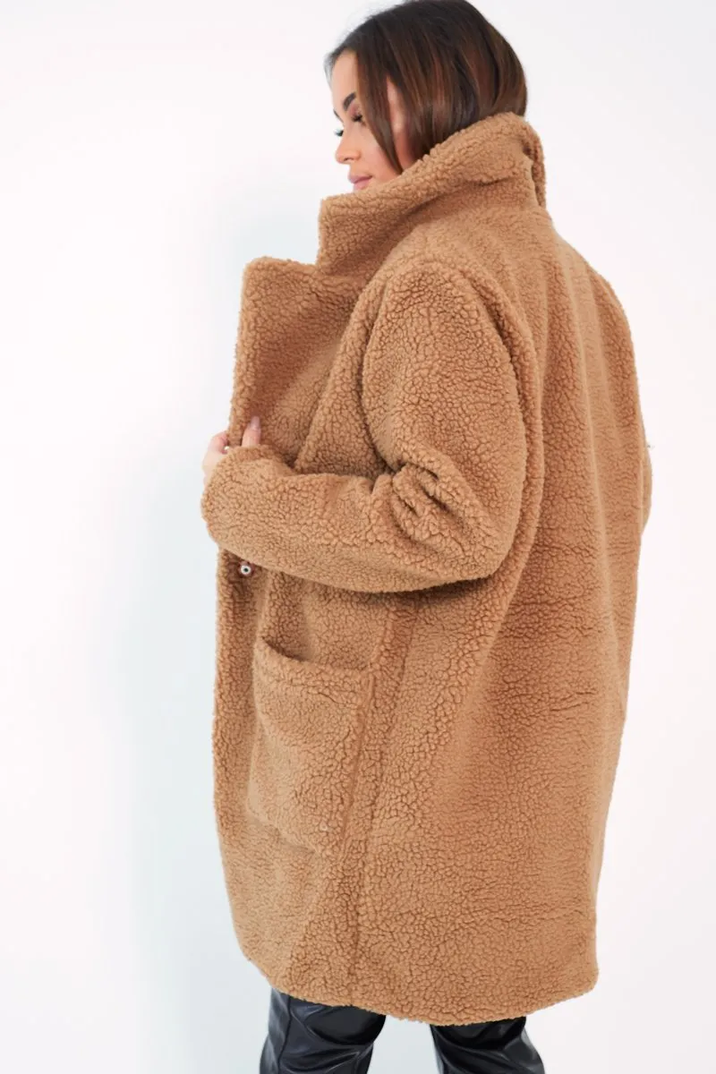 Camel Borg Longline Oversized Coat - Acadia