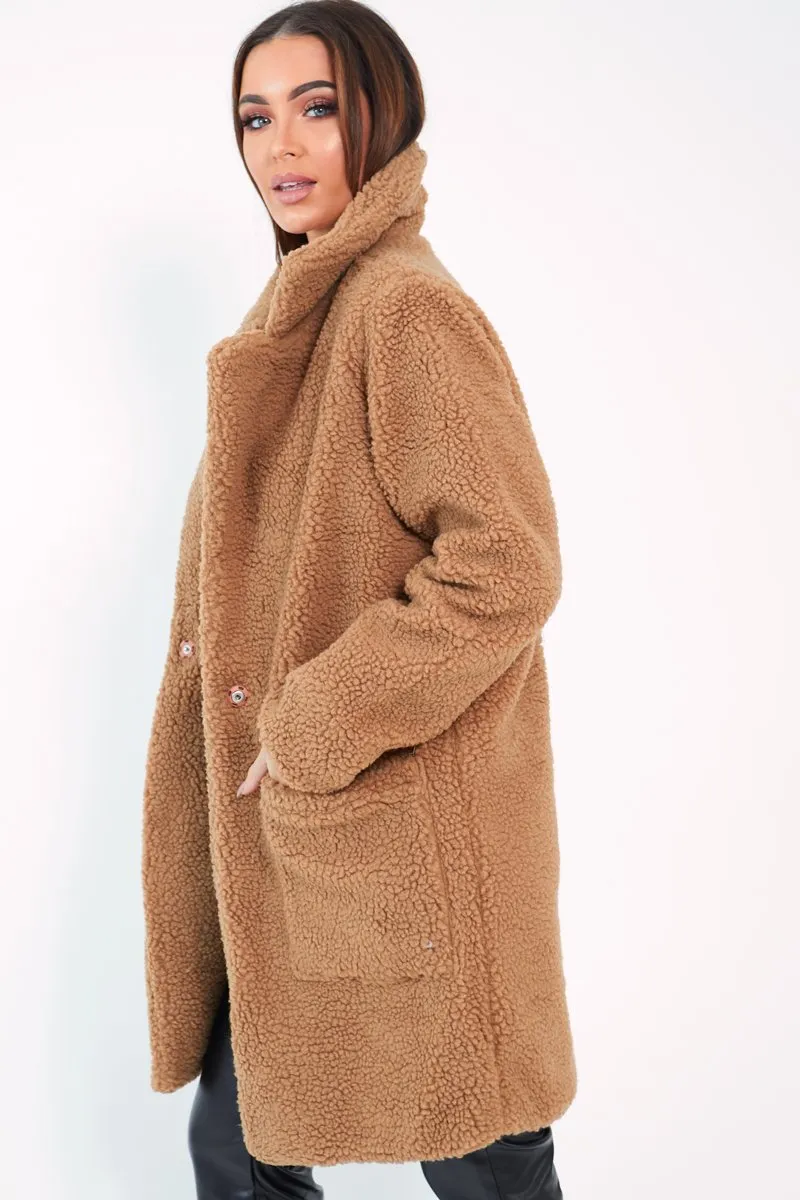 Camel Borg Longline Oversized Coat - Acadia