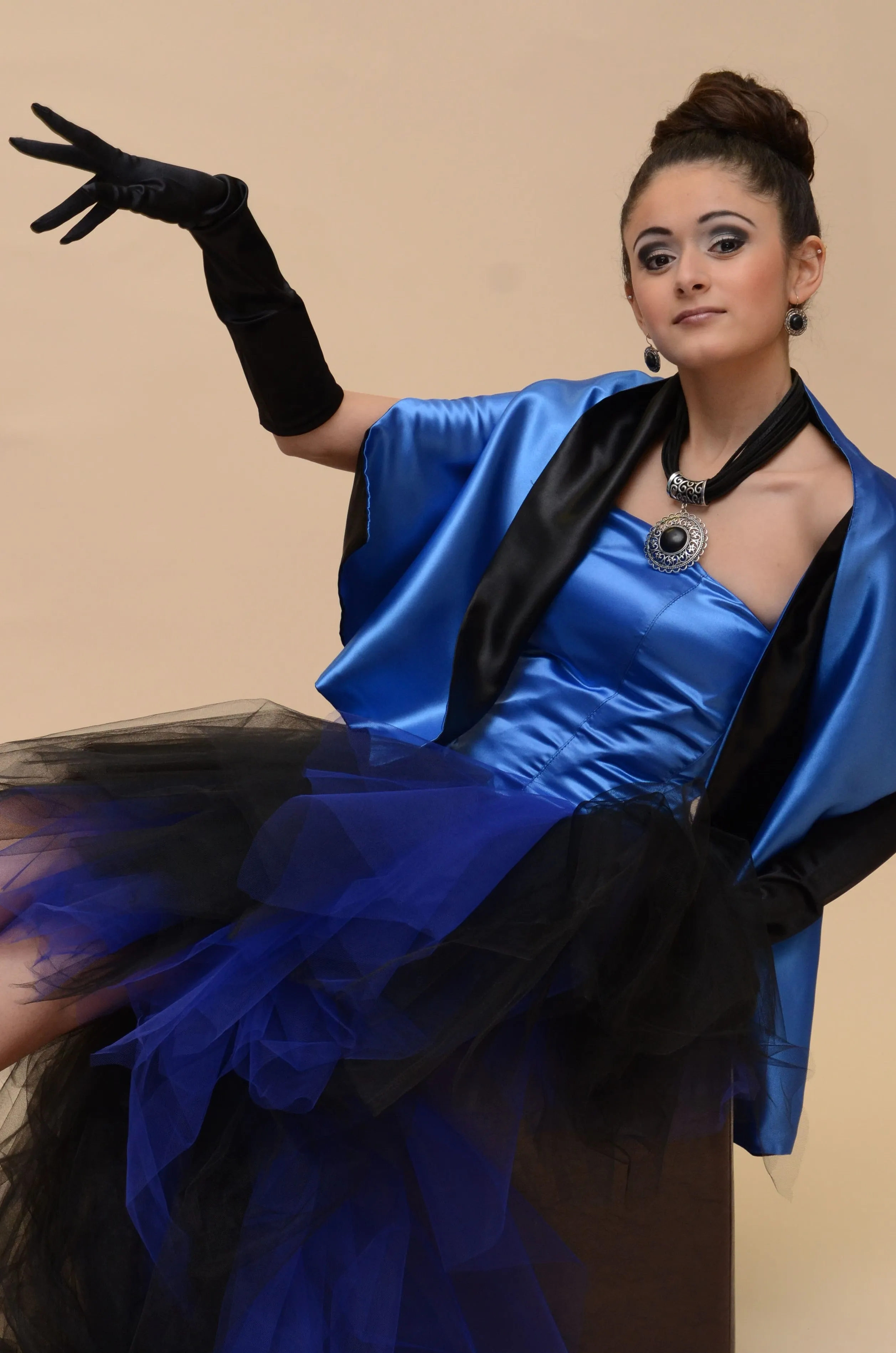 CHIC BIRD Strapless Blue Black Satin Tulle Puffy Evening Gown