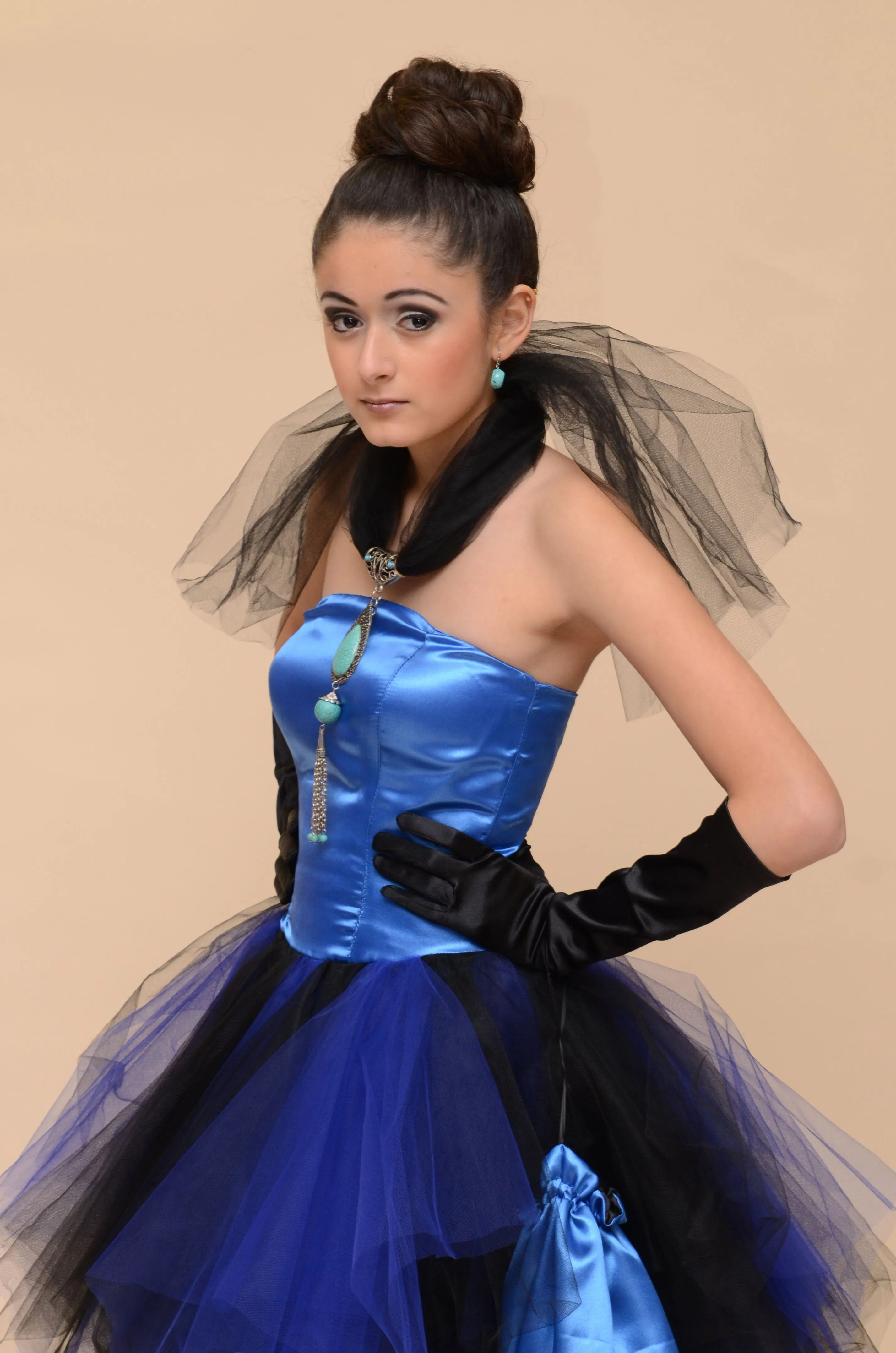 CHIC BIRD Strapless Blue Black Satin Tulle Puffy Evening Gown