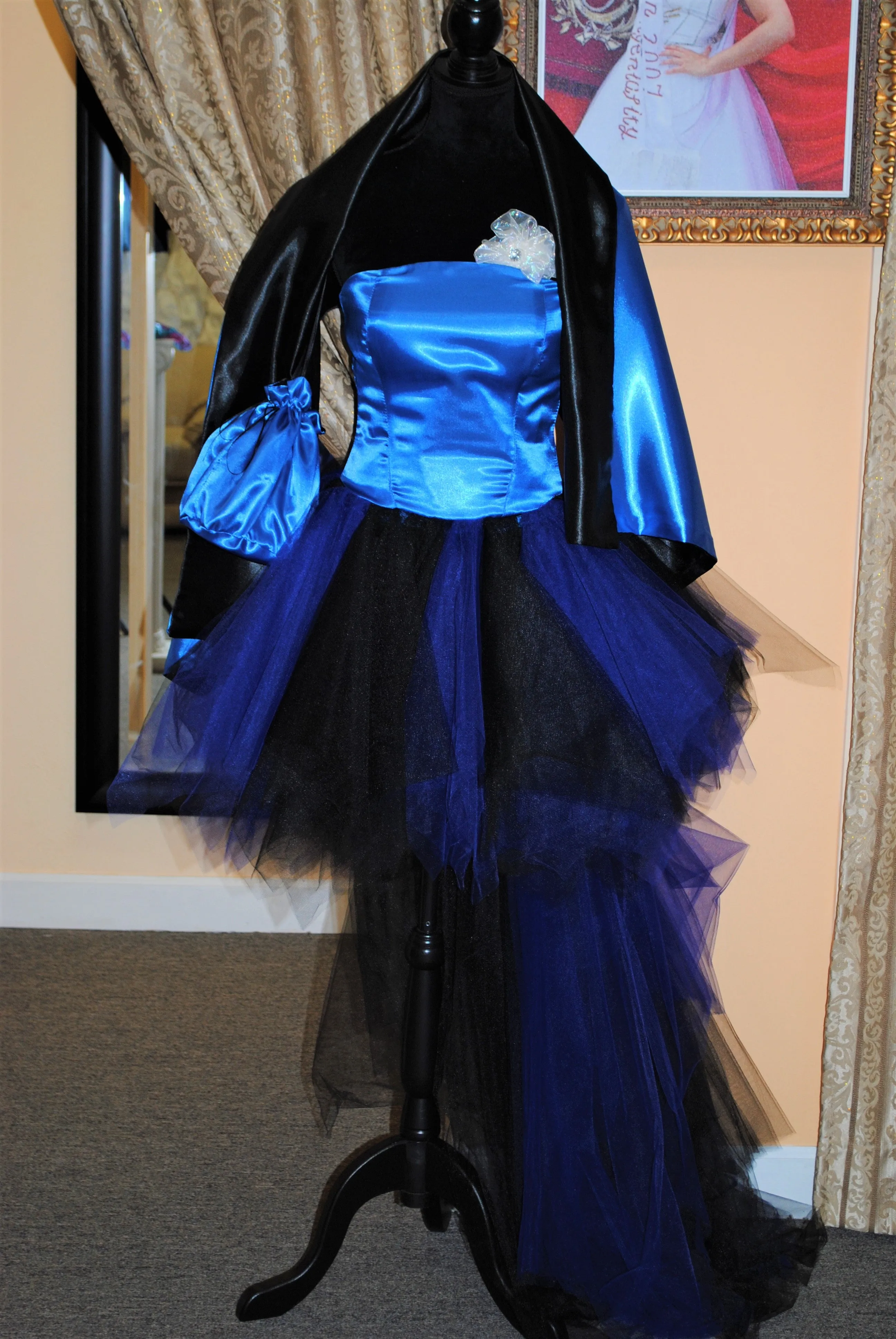 CHIC BIRD Strapless Blue Black Satin Tulle Puffy Evening Gown