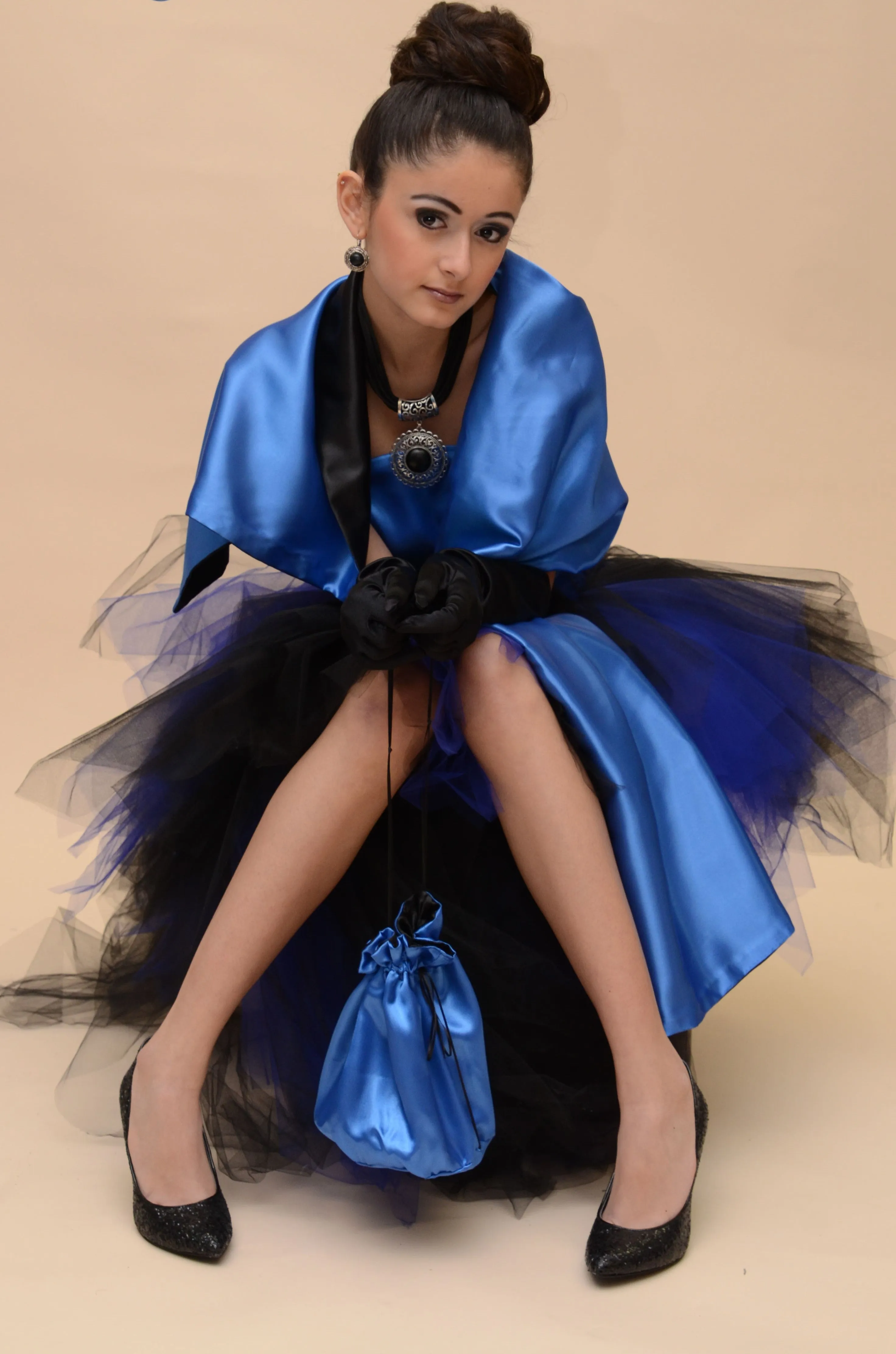 CHIC BIRD Strapless Blue Black Satin Tulle Puffy Evening Gown