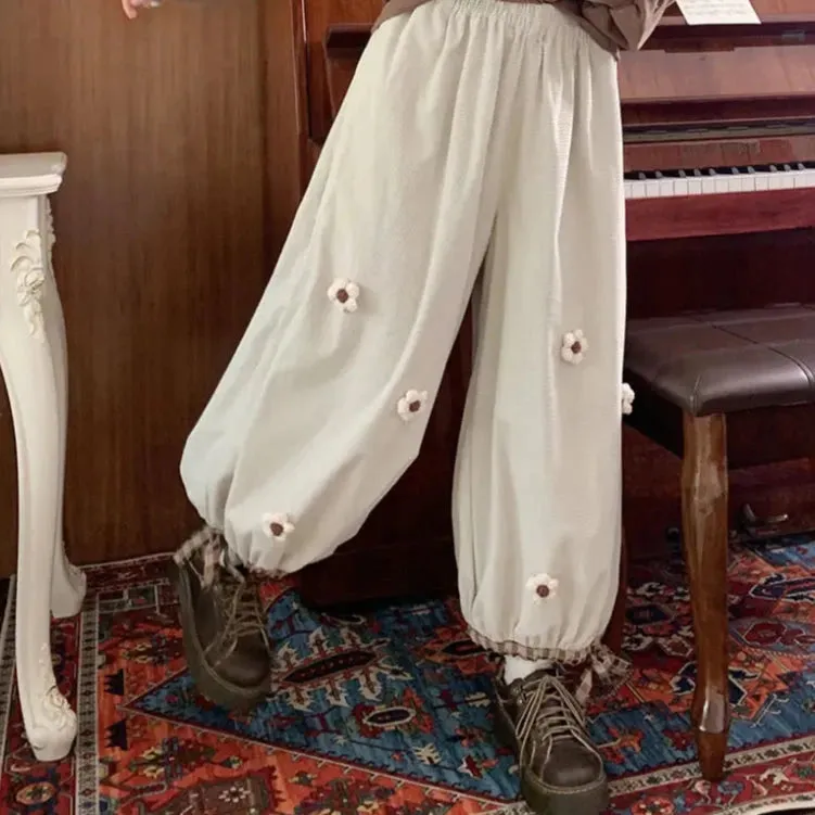 Corduroy Pants With Ankle Drawstrings And Flower Details