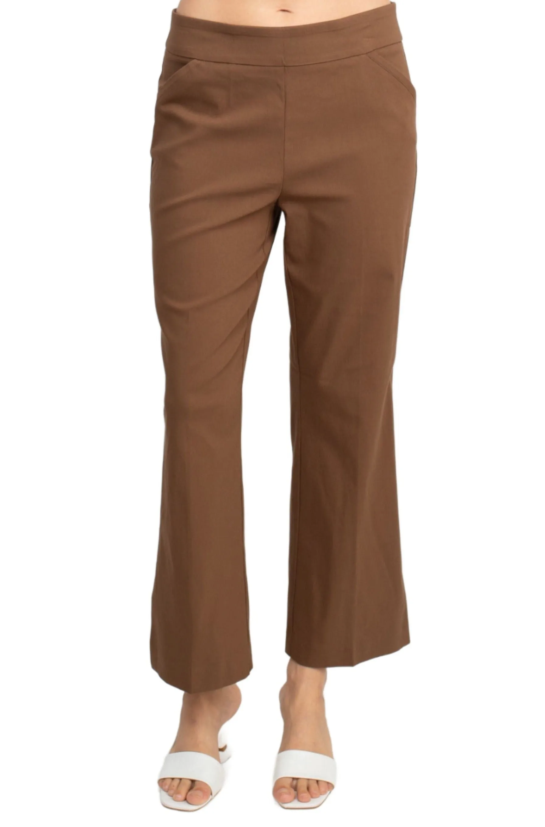 Counterparts Banded Mid Waist Pull On Solid Straight Cut Slit Hem Stretch Rayon Pant with Pockets