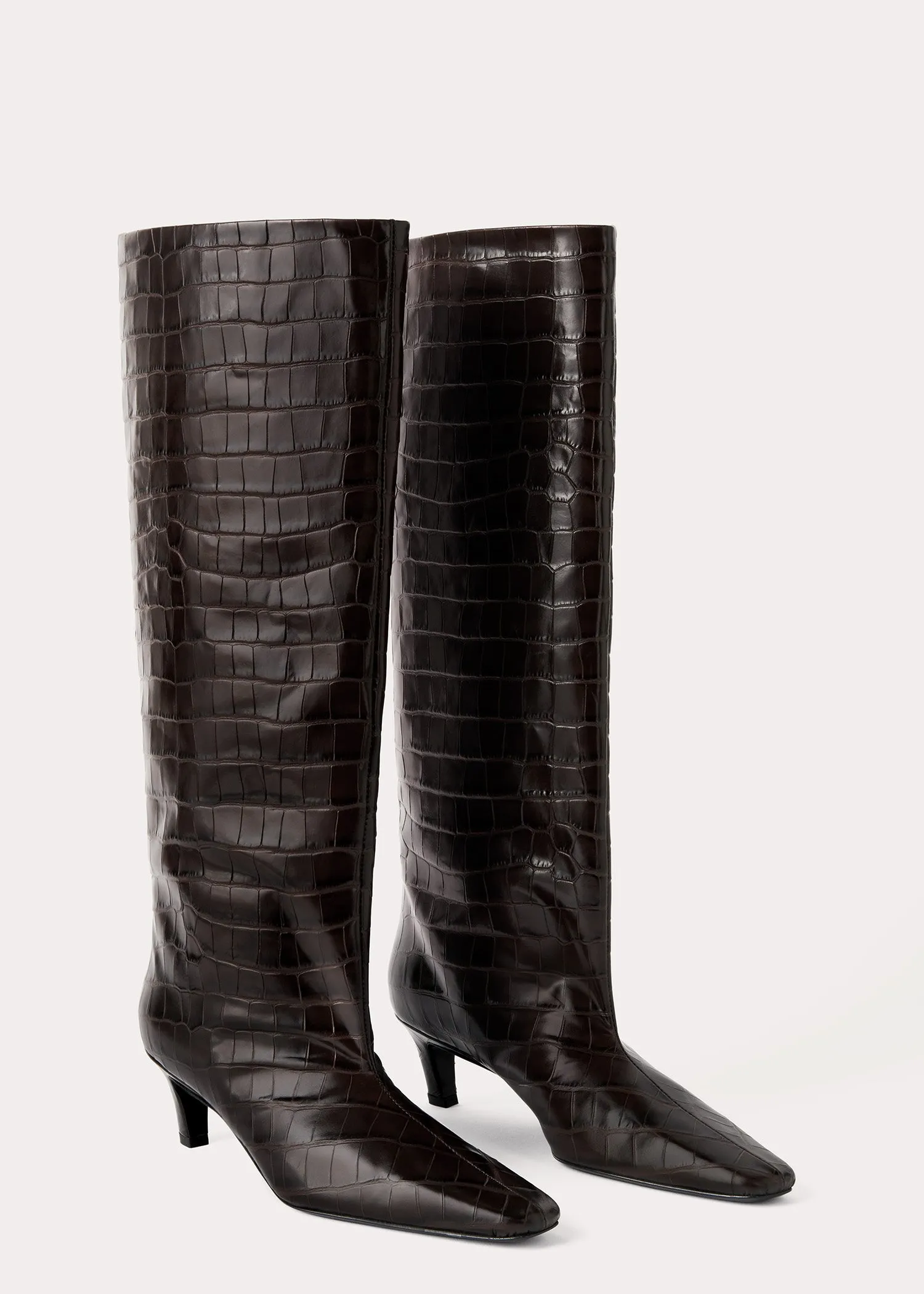 Croco-embossed wide shaft boots dark brown