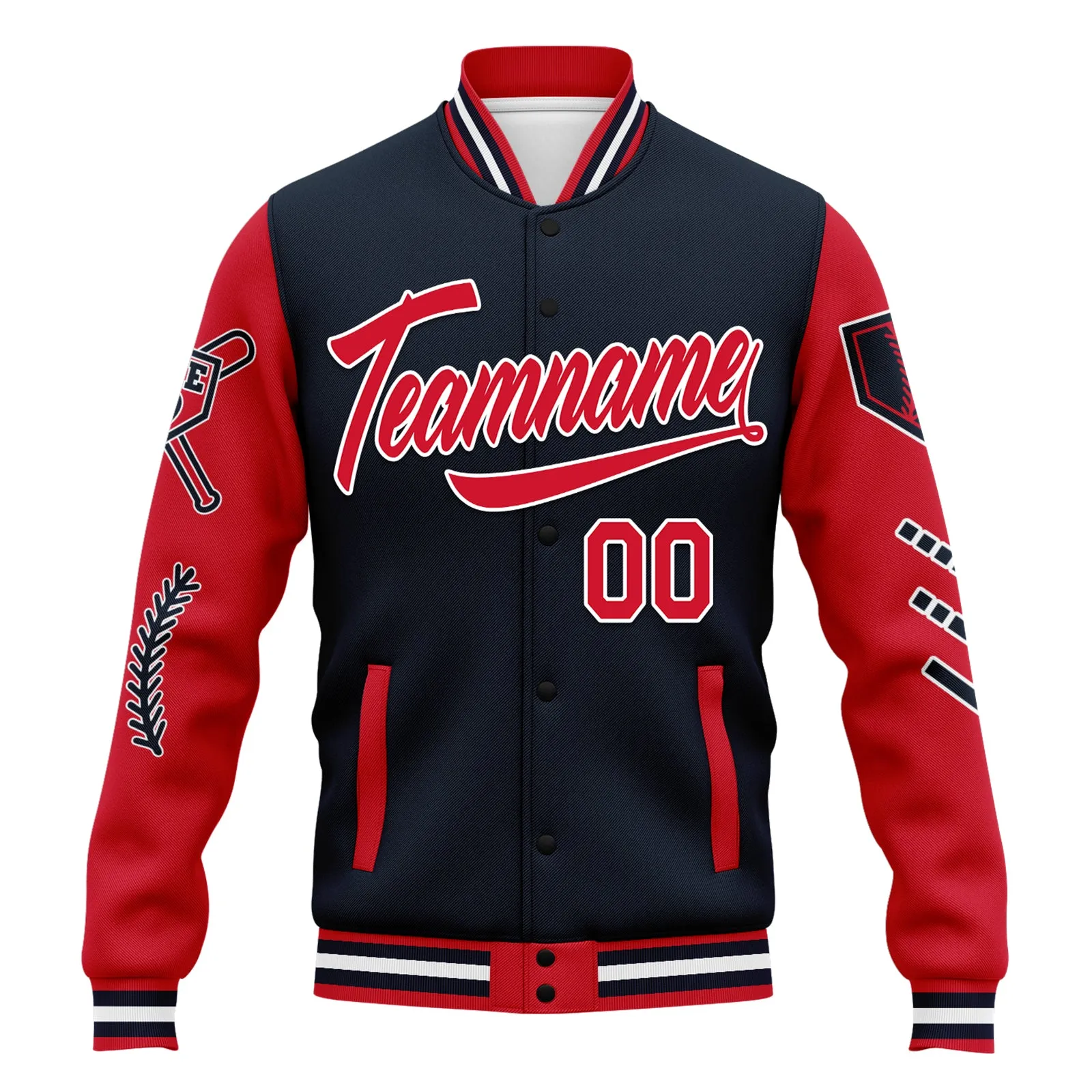 Custom Navy Red Raglan Sleeves Jacket Bomber Full-Snap Varsity Letterman Personalized Jacket FZ005-D023002-3