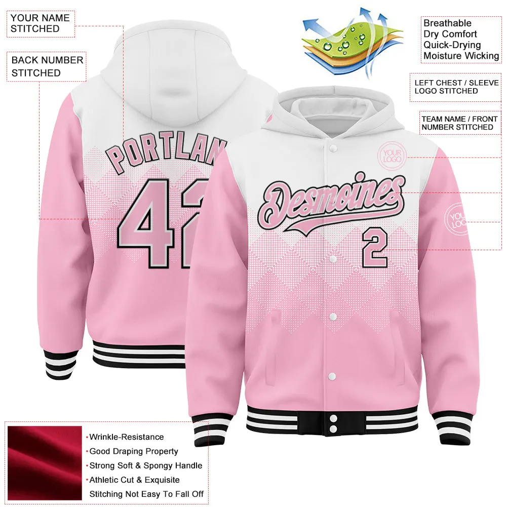 Custom White Light Pink-Black Gradient Square Shape 3D Pattern Design Bomber Full-Snap Varsity Letterman Hoodie Jacket