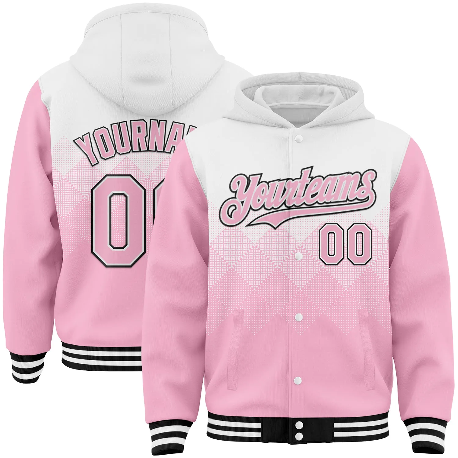 Custom White Light Pink-Black Gradient Square Shape 3D Pattern Design Bomber Full-Snap Varsity Letterman Hoodie Jacket