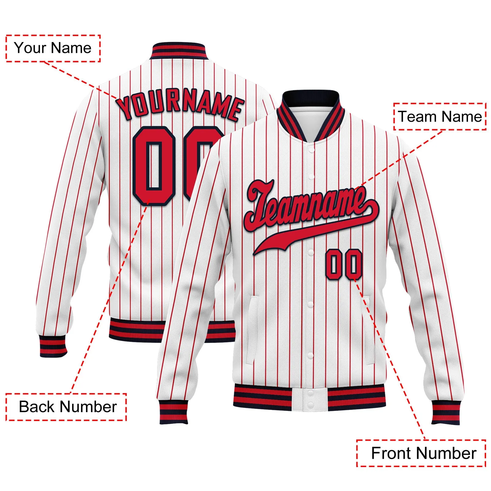 Custom White Red Stripe Fashion Jacket Bomber Full-Snap Varsity Letterman Personalized Jacket FZ005-D020219-4