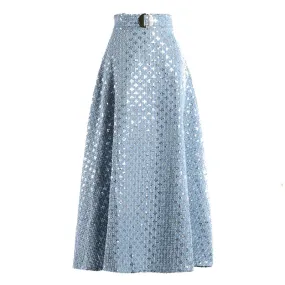 Denim Patchwork Sequin Skirt For Women High Waist Casual A Line Skirts Female Fashion Clothing Spring