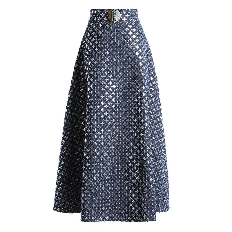 Denim Patchwork Sequin Skirt For Women High Waist Casual A Line Skirts Female Fashion Clothing Spring